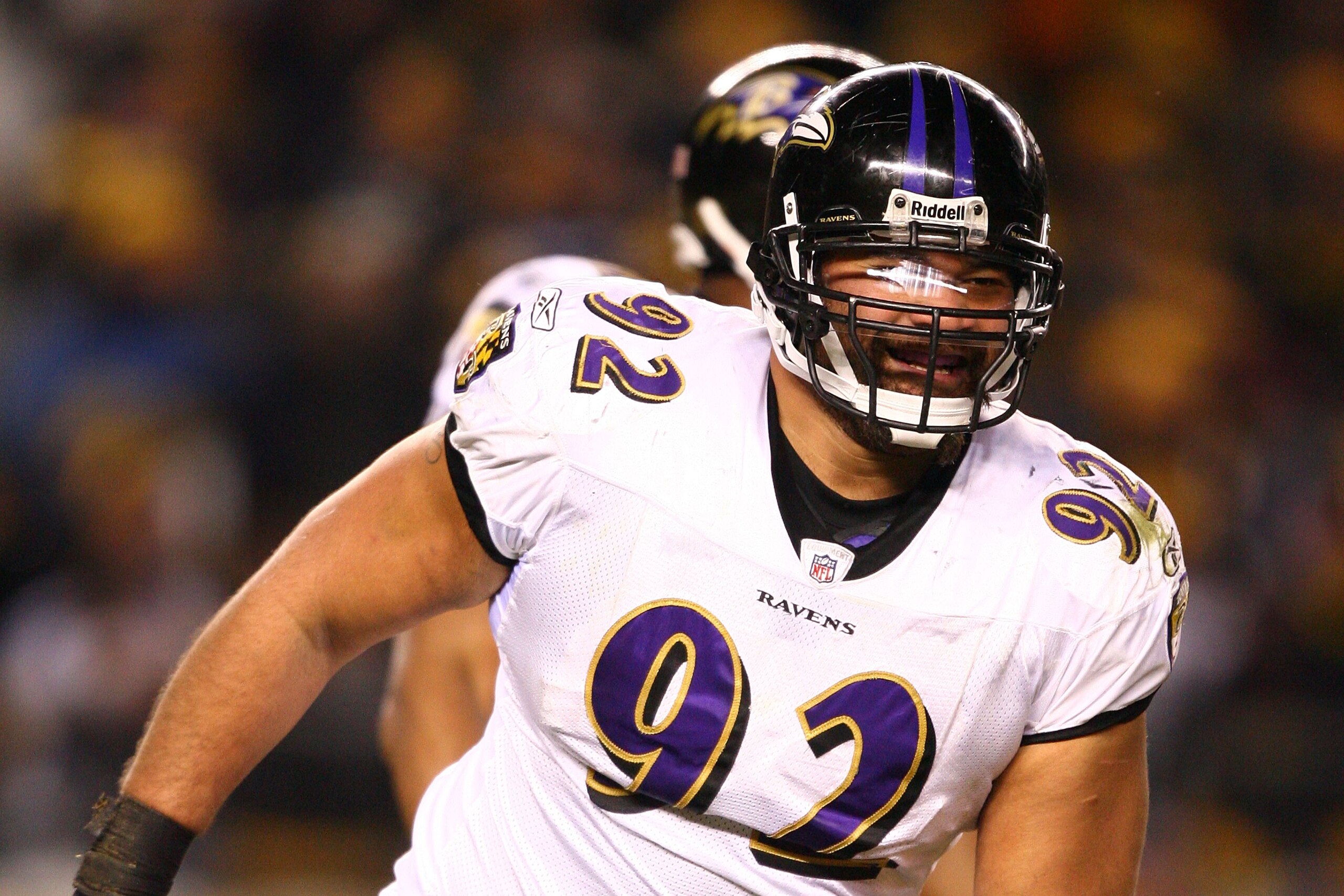 PITTSBURGH - JANUARY 18: Haloti Ngata #92 of the Baltimore Ravens reacts after he recorded a sack against Ben Roethlisberger #7 of the Pittsburgh Steelers during the AFC Championship game on January 18, 2009 at Heinz Field in Pittsburgh, Pennsylvania. St PITTSBURGH - JANUARY 18: Haloti Ngata #92 of the Baltimore Ravens reacts after he recorded a sack against Ben Roethlisberger #7 of the Pittsburgh Steelers during the AFC Championship game on January 18, 2009 at Heinz Field in Pittsburgh, Pennsylvania. St