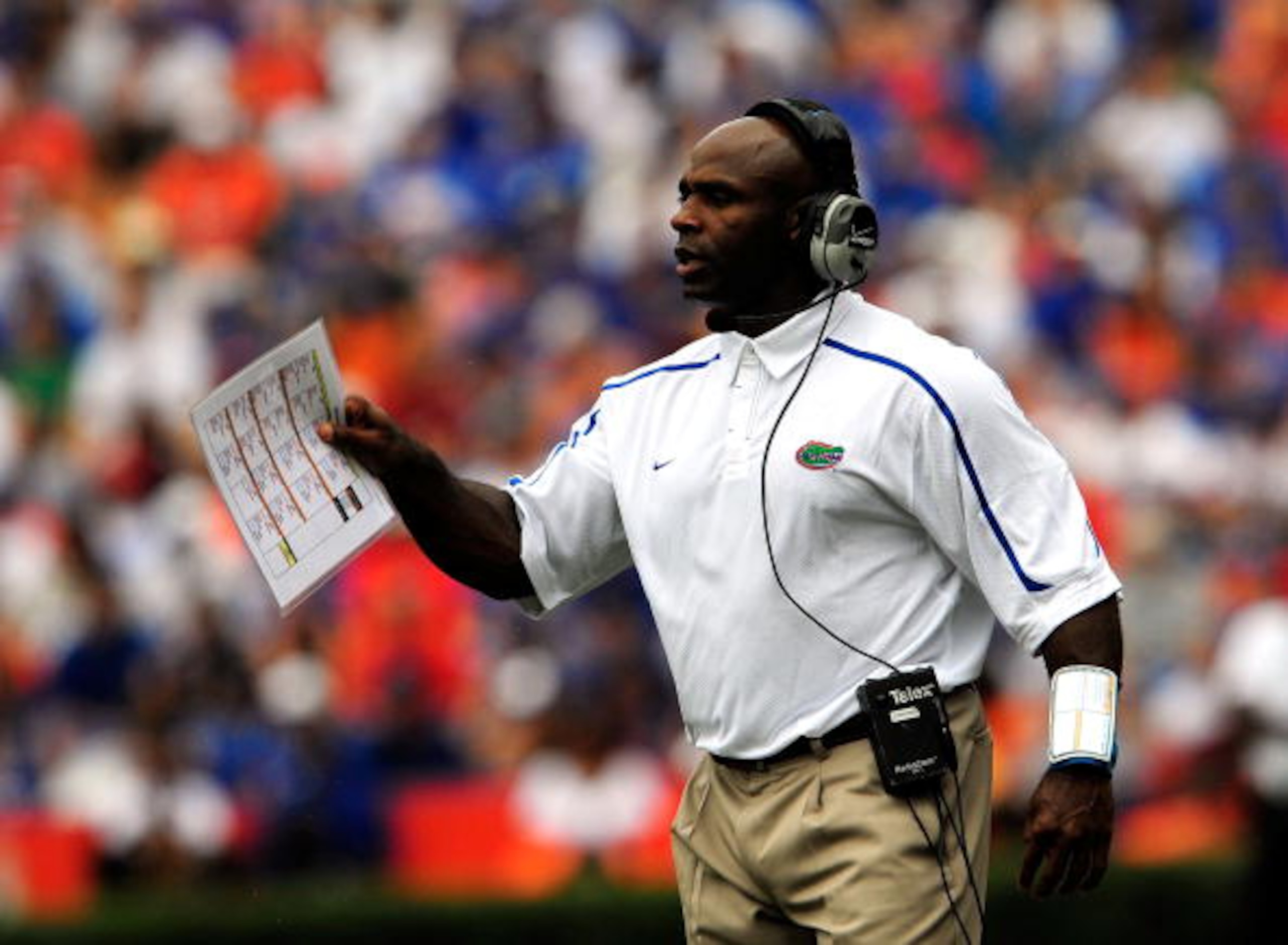 GAINESVILLE, FL - SEPTEMBER 12:  Defensive coordinator Charlie Strong of the Florida Gators calls out a signal during the game against the Troy Trojans at Ben Hill Griffin Stadium on September 12, 2009 in Gainesville, Florida.  (Photo by Sam Greenwood/Get