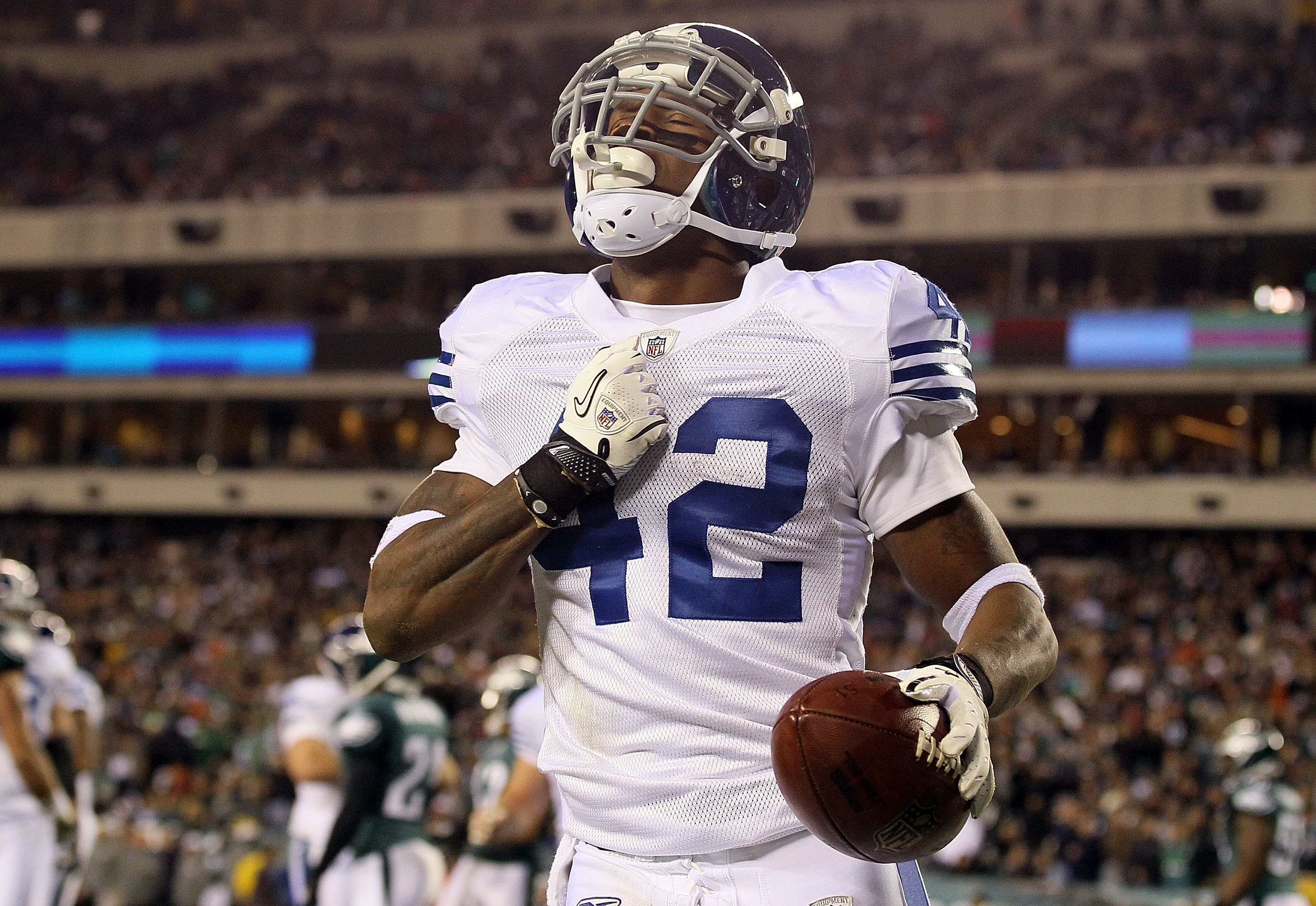 PHILADELPHIA - NOVEMBER 07:  Javarris James #42 of the Indianapolis Colts celebrates his second quarter touchdown run against the Philadelphia Eagles on November 7, 2010 at Lincoln Financial Field in Philadelphia, Pennsylvania.  (Photo by Jim McIsaac/Gett