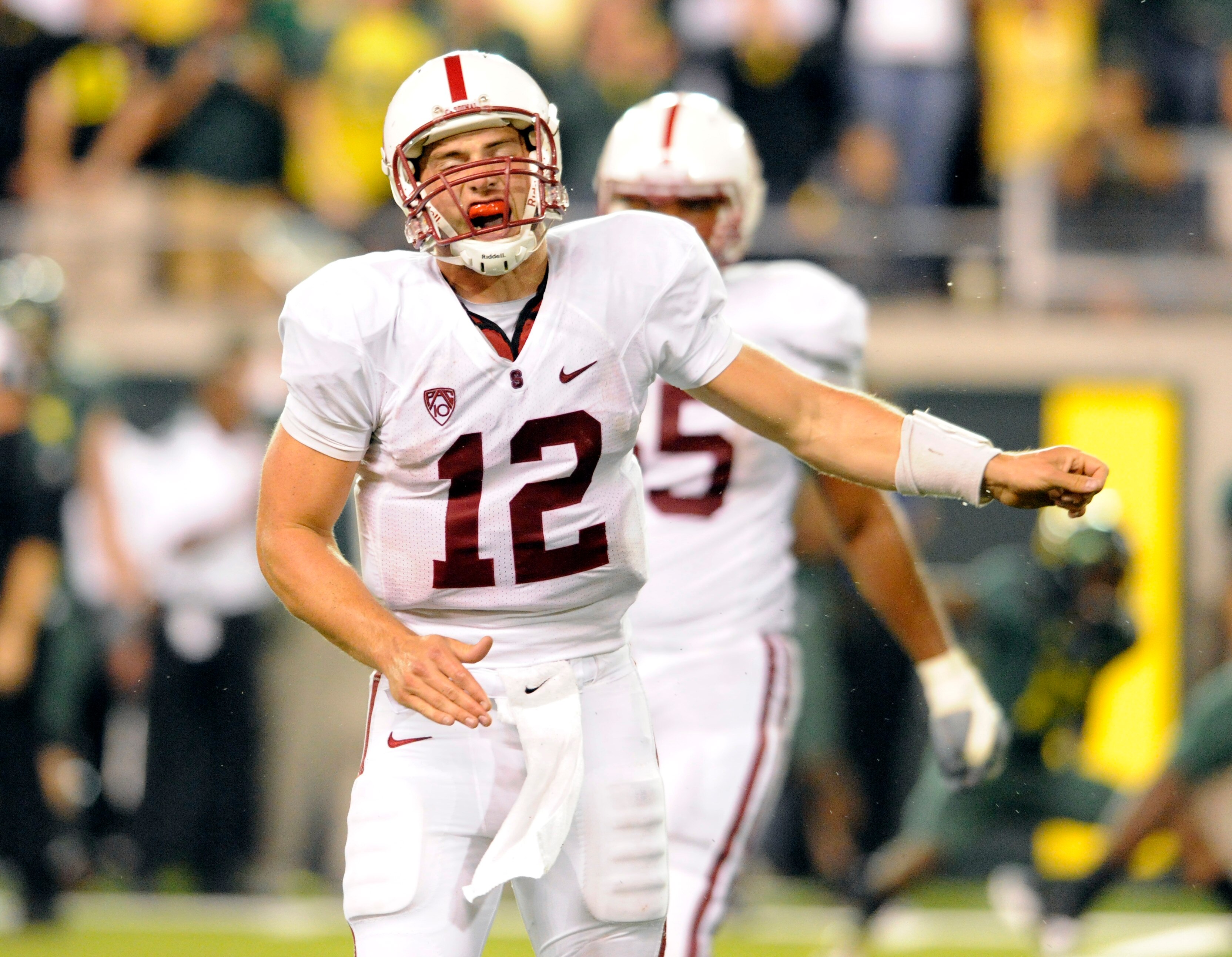 EUGENE, OR - OCTOBER 2: Quarterback Andrew Luck of the Stanford Cardinal reacts after missing a pass on fourth down in the fourth quarter of the game against the Oregon Ducks at Autzen Stadium on October 2, 2010 in Eugene, Oregon. Oregon won the game 52-3