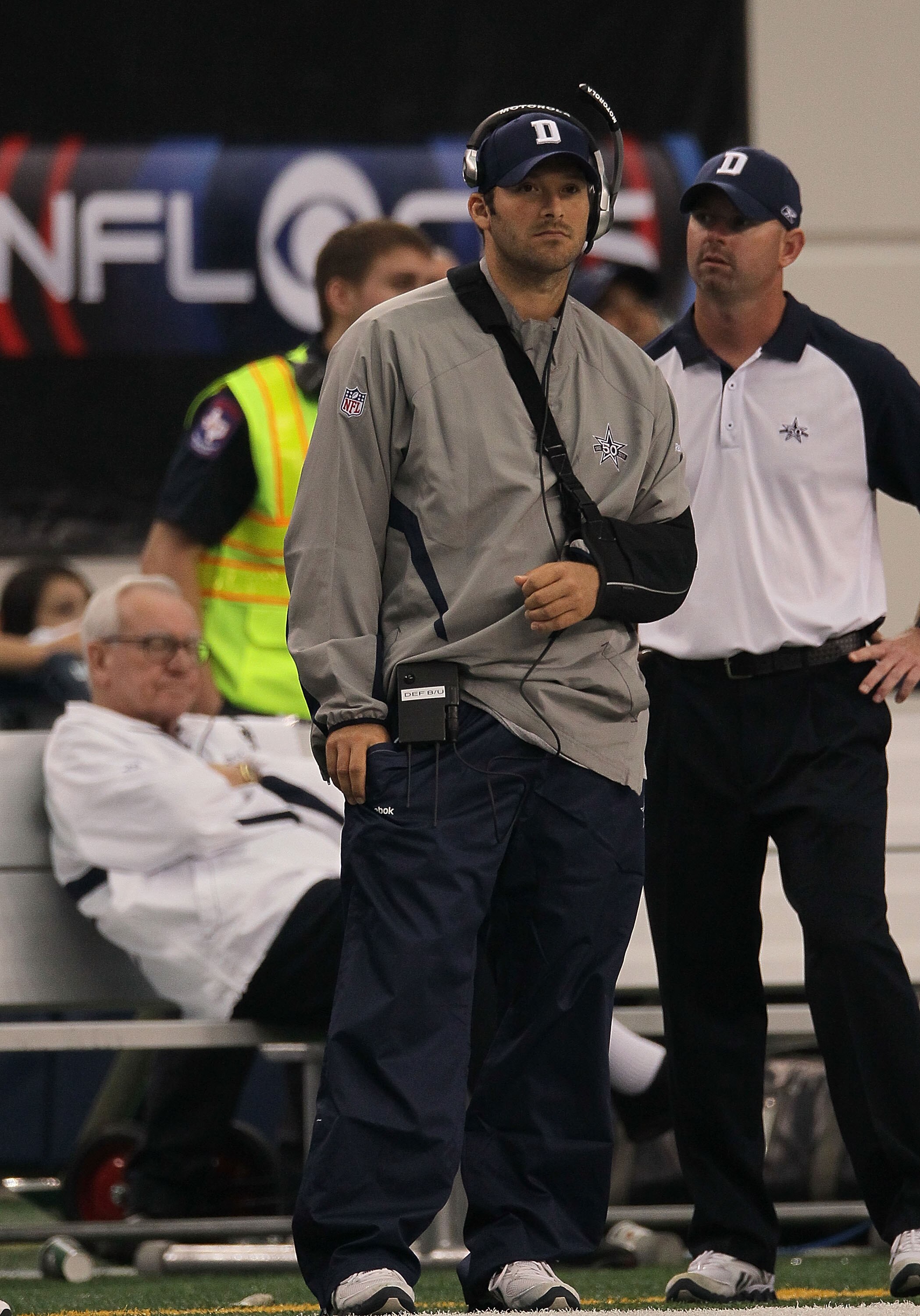 ARLINGTON, TX - OCTOBER 31:  Quarterback Tony Romo #9 of the Dallas Cowboys on the sidelines during a game against the Jacksonville Jaguars at Cowboys Stadium on October 31, 2010 in Arlington, Texas.  (Photo by Stephen Dunn/Getty Images)
