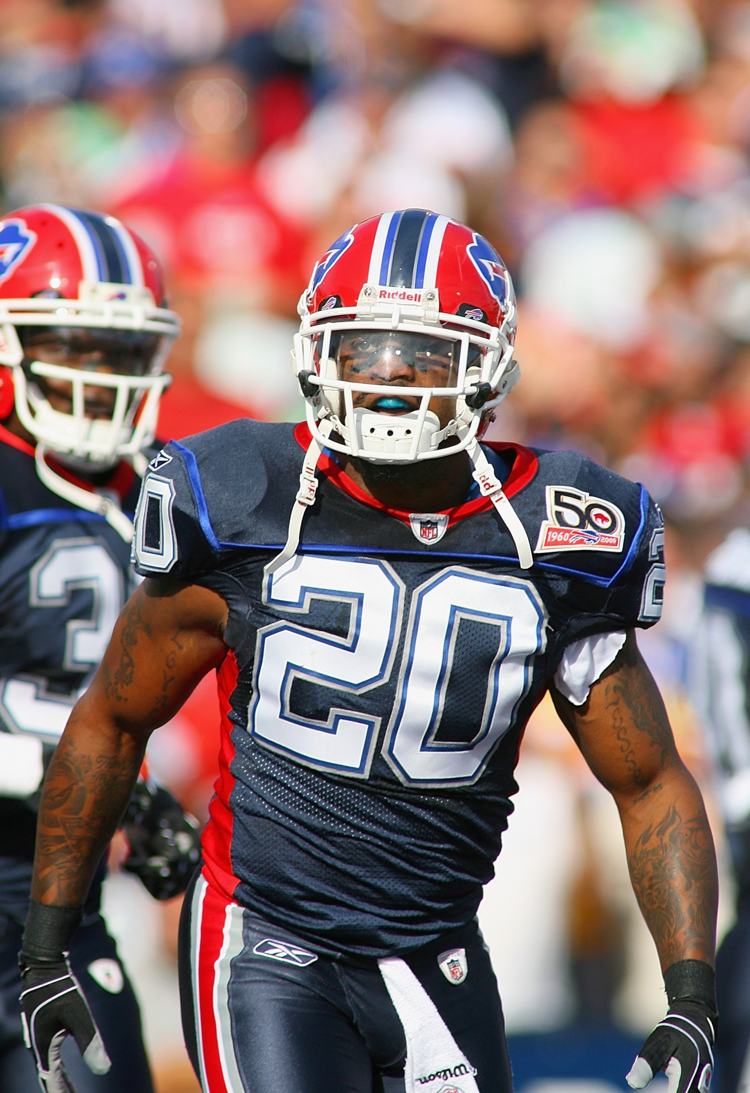 ORCHARD PARK, NY - SEPTEMBER 20:  Safety Donte Whitner #20 of the Buffalo Bills looks up field during the game against the Tampa Bay Buccaneers at Ralph Wilson Stadium on September 20, 2009 in Orchard Park, New York.  The Bills won 33-20.  (Photo by Rick
