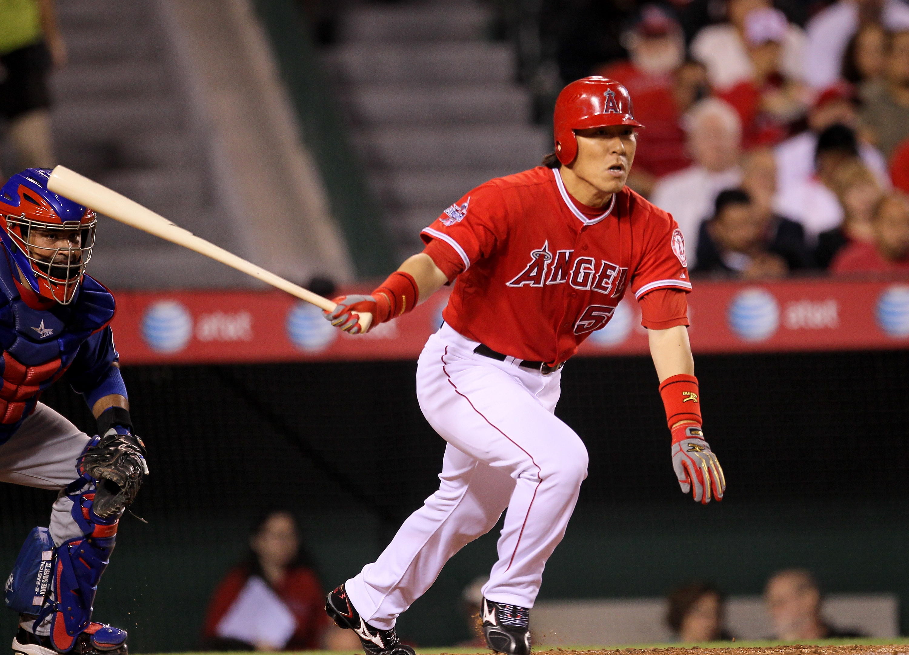 ANAHEIM, CA - SEPTEMBER 21:  Hideki Matsui #55 of the Los Angeles Angels of Anaheim hits a leadoff double in the fourth inning against the Texas Rangers on September 21, 2010 at Angel Stadium in Anaheim, California.  (Photo by Stephen Dunn/Getty Images)