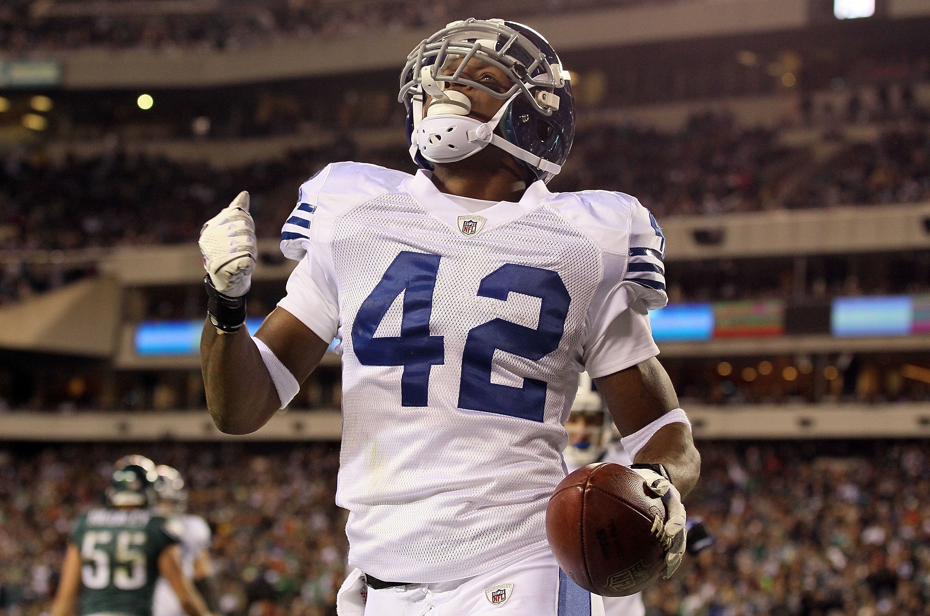 PHILADELPHIA - NOVEMBER 07:  Javarris James #42 of the Indianapolis Colts celebrates his second quarter touchdown run against the Philadelphia Eagles on November 7, 2010 at Lincoln Financial Field in Philadelphia, Pennsylvania.  (Photo by Jim McIsaac/Gett