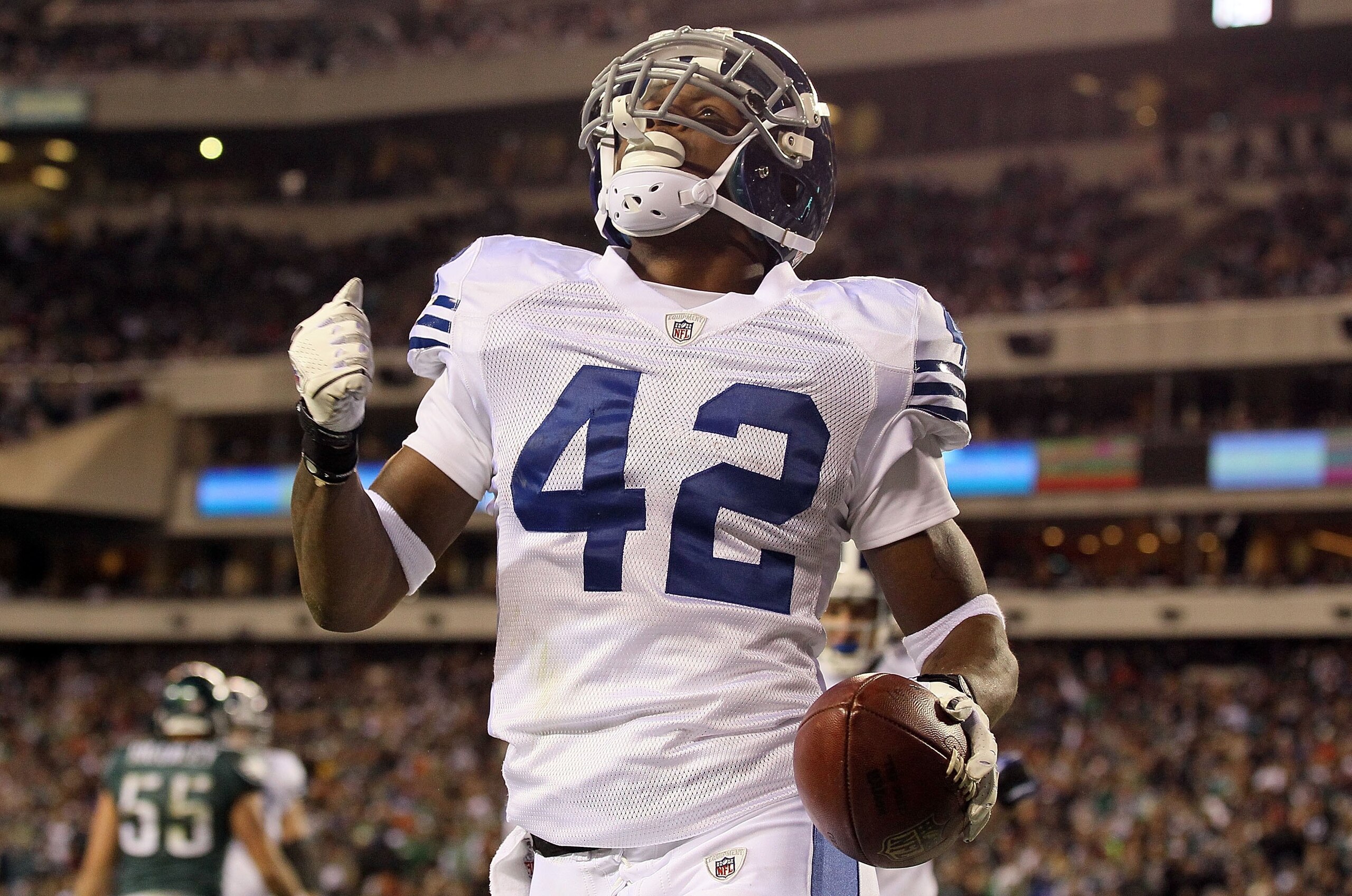 PHILADELPHIA - NOVEMBER 07:  Javarris James #42 of the Indianapolis Colts celebrates his second quarter touchdown run against the Philadelphia Eagles on November 7, 2010 at Lincoln Financial Field in Philadelphia, Pennsylvania.  (Photo by Jim McIsaac/Gett
