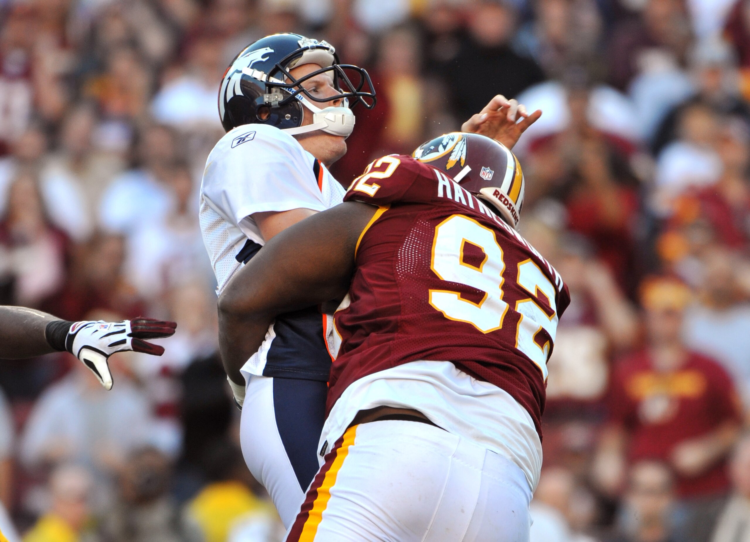 LANDOVER, MD - NOVEMBER 15:  Albert Haynesworth #92 of the Washington Redskins sacks Chris Simms #2 of the Denver Broncos at FedExField on November 15, 2009 in Landover, Maryland. The Redskins defeated the Broncos 27-17. (Photo by Larry French/Getty Image