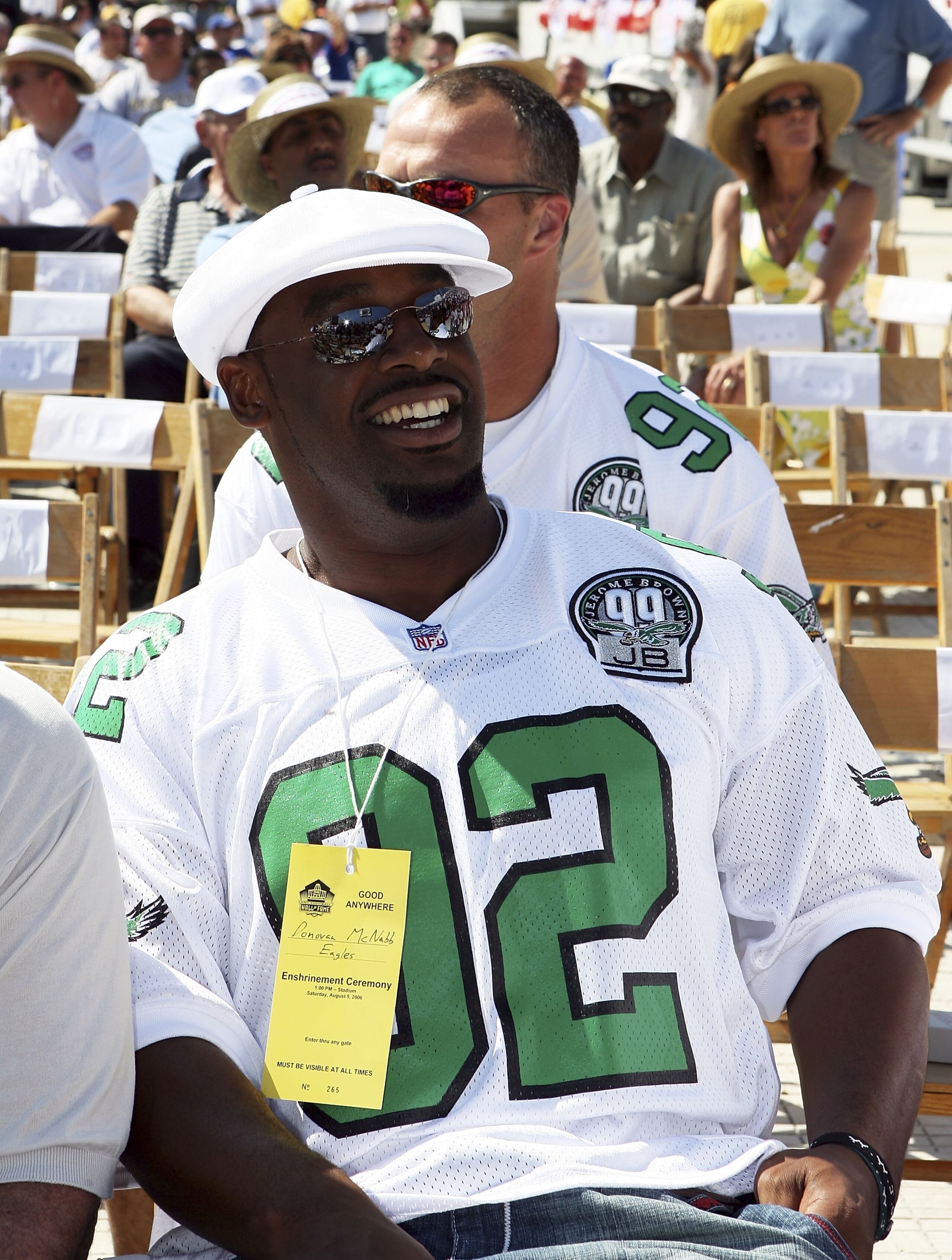 CANTON, OH - AUGUST 5: Quarterback Donovan McNabb #5 of the Philadelphia Eagles shows his support for the induction of Reggie White during the Class of 2006 Pro Football Hall of Fame Enshrinement Ceremony at Fawcett Stadium on August 5, 2006 in Canton, Oh