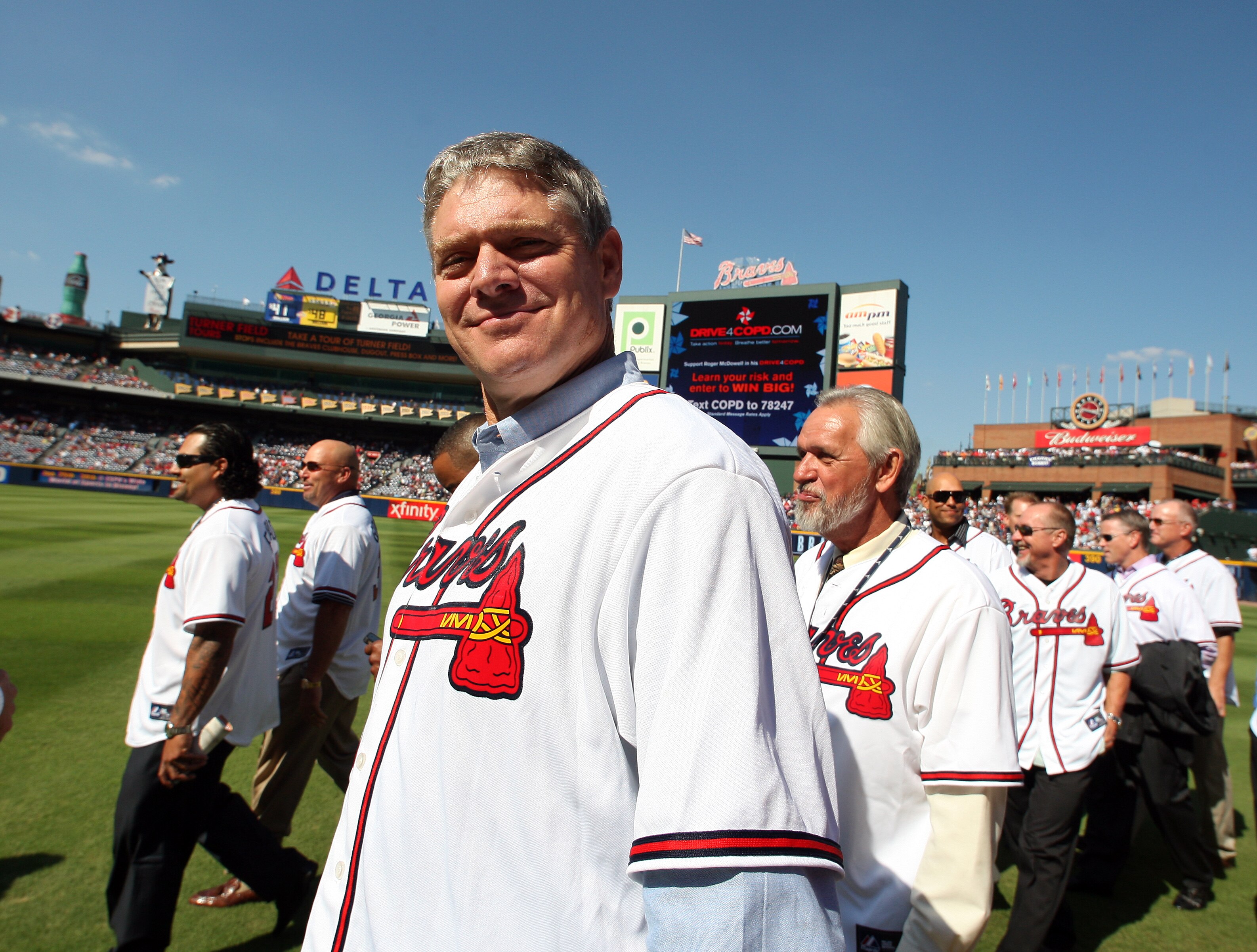 ATLANTA - OCTOBER 2: Former Atlanta Braves player Dale Murphy attends a ceremony for retiring Manager Bobby Cox before the game against the Philadelphia Phillies at Turner Field on October 2, 2010 in Atlanta, Georgia.  (Photo by Scott Cunningham/Getty Ima