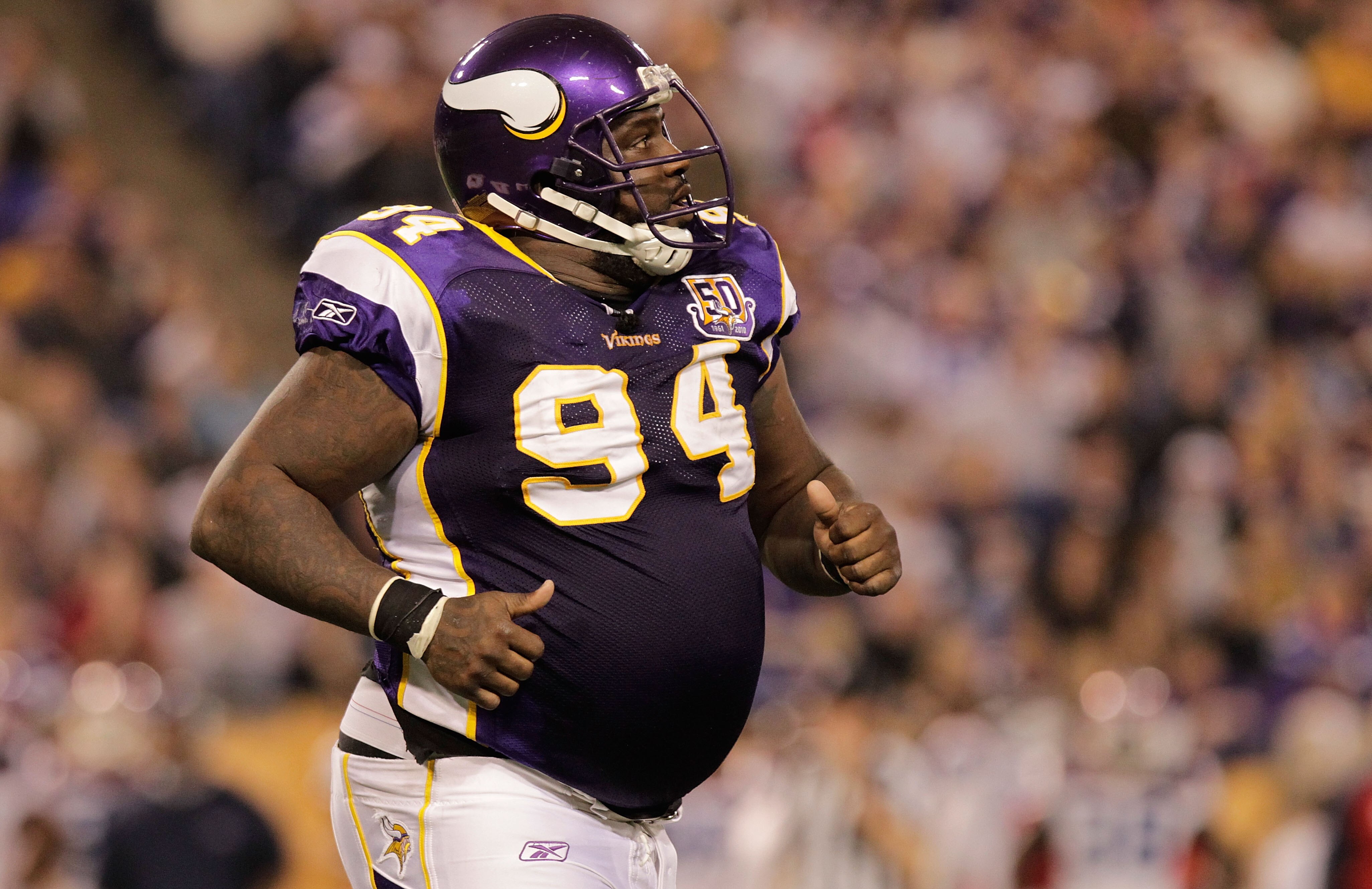 MINNEAPOLIS, MN - DECEMBER 05: Pat Williams #94 of the Minnesota Vikings runs from the field against the Buffalo Bills at the Mall of America Field at the Hubert H. Humphrey Metrodome on December 5, 2010 in Minneapolis, Minnesota.  (Photo by Nick Laham/Ge