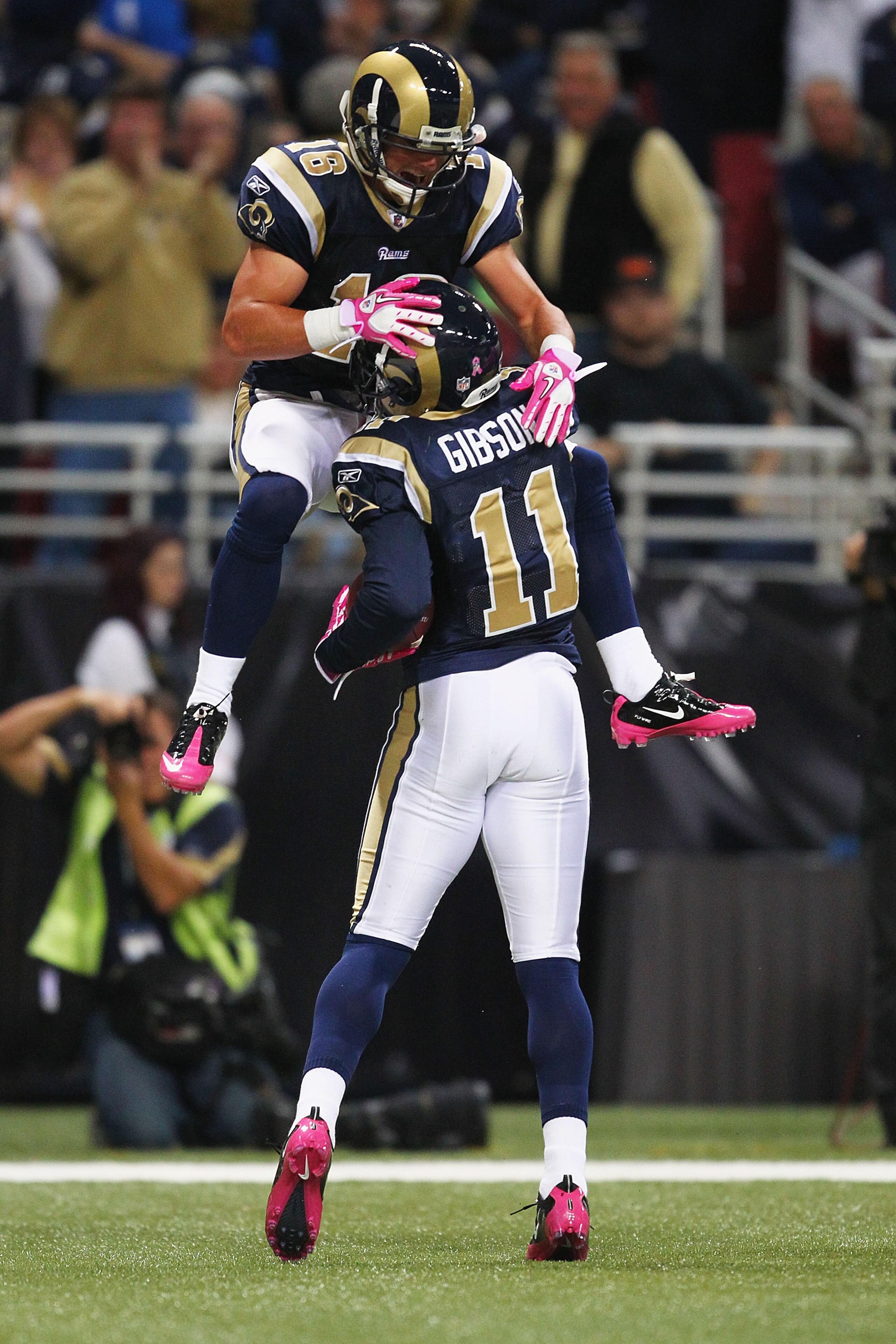 ST. LOUIS - OCTOBER 3: Brandon Gibson #11 of the St. Louis Rams is congratulated by teammate Danny Amendola #16 after scoring a touchdown against the Seattle Seahawks at the Edward Jones Dome on October 3, 2010 in St. Louis, Missouri.  The Rams beat the S