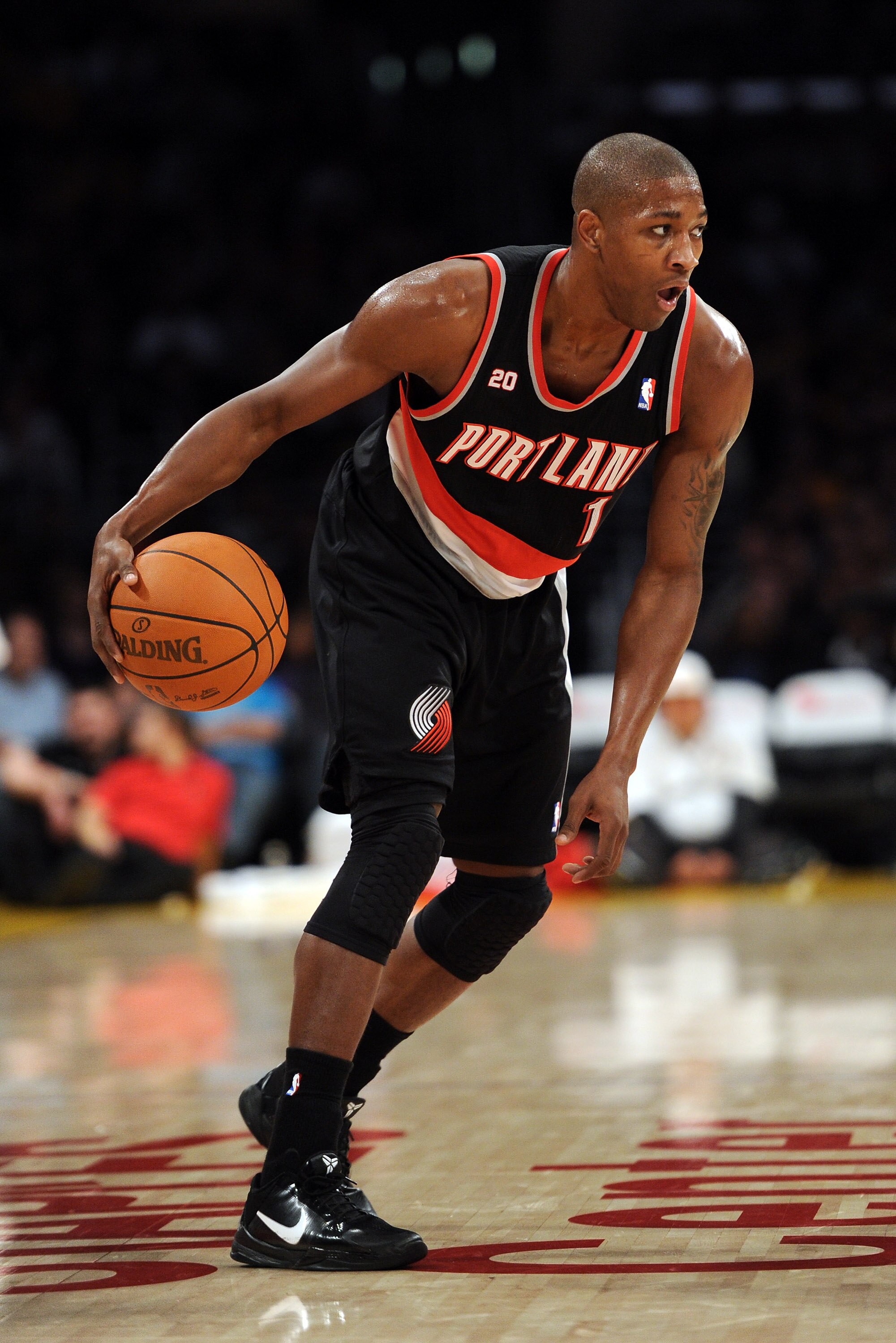 LOS ANGELES, CA - NOVEMBER 07:  Armon Johnson #1 of the Portland Trail Blazers dribbles against the Los Angeles Lakers at the Staples Center on November 7, 2010 in Los Angeles, California.  NOTE TO USER: User expressly acknowledges and agrees that, by dow
