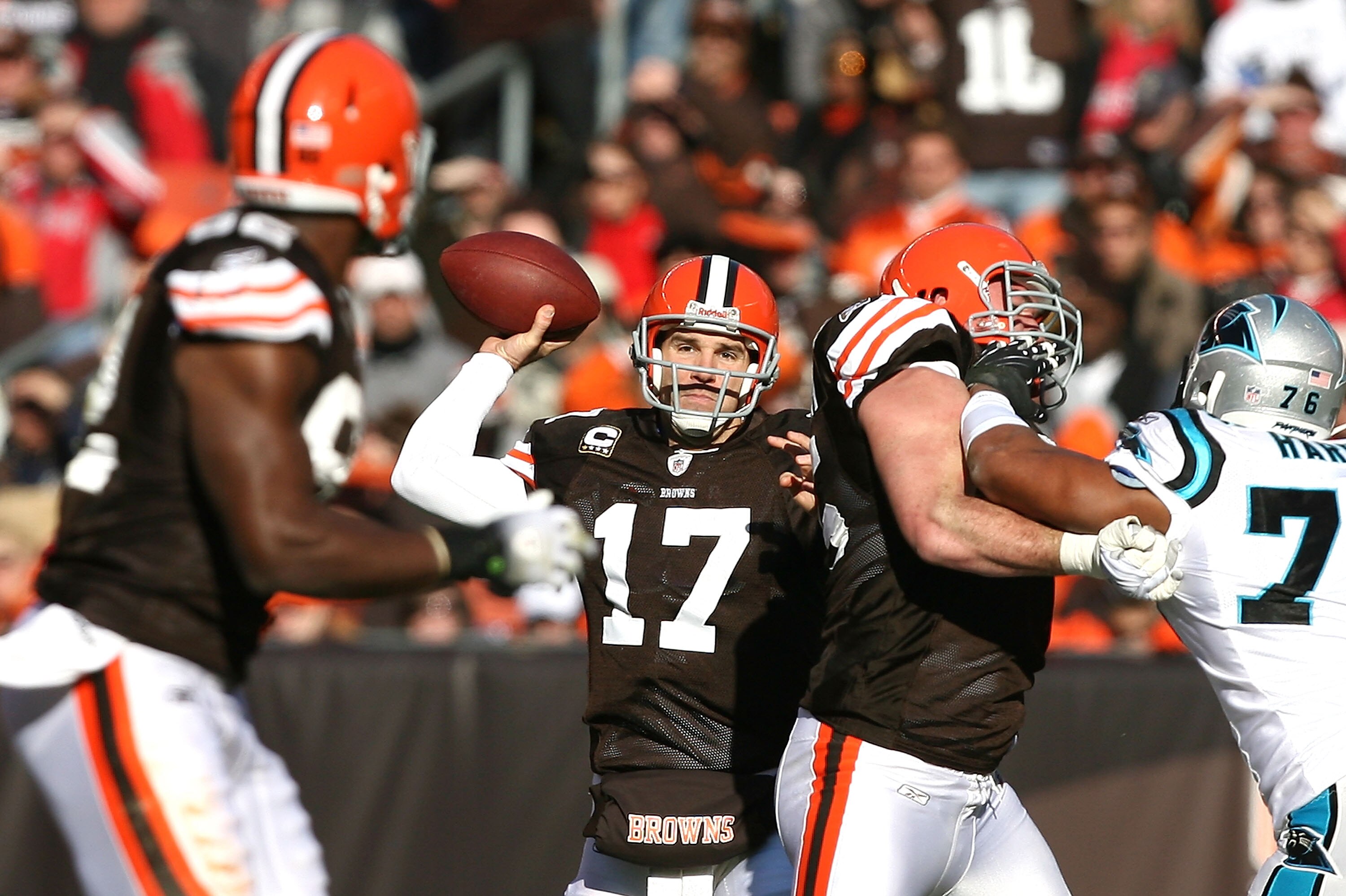 CLEVELAND - NOVEMBER 28: Quarterback Jake Delhomme #17 of the Cleveland Browns throws the ball to tight end Benjamin Watson #82 against the Carolina Panthers at Cleveland Browns Stadium on November 28, 2010 in Cleveland, Ohio.  (Photo by Matt Sullivan/Get
