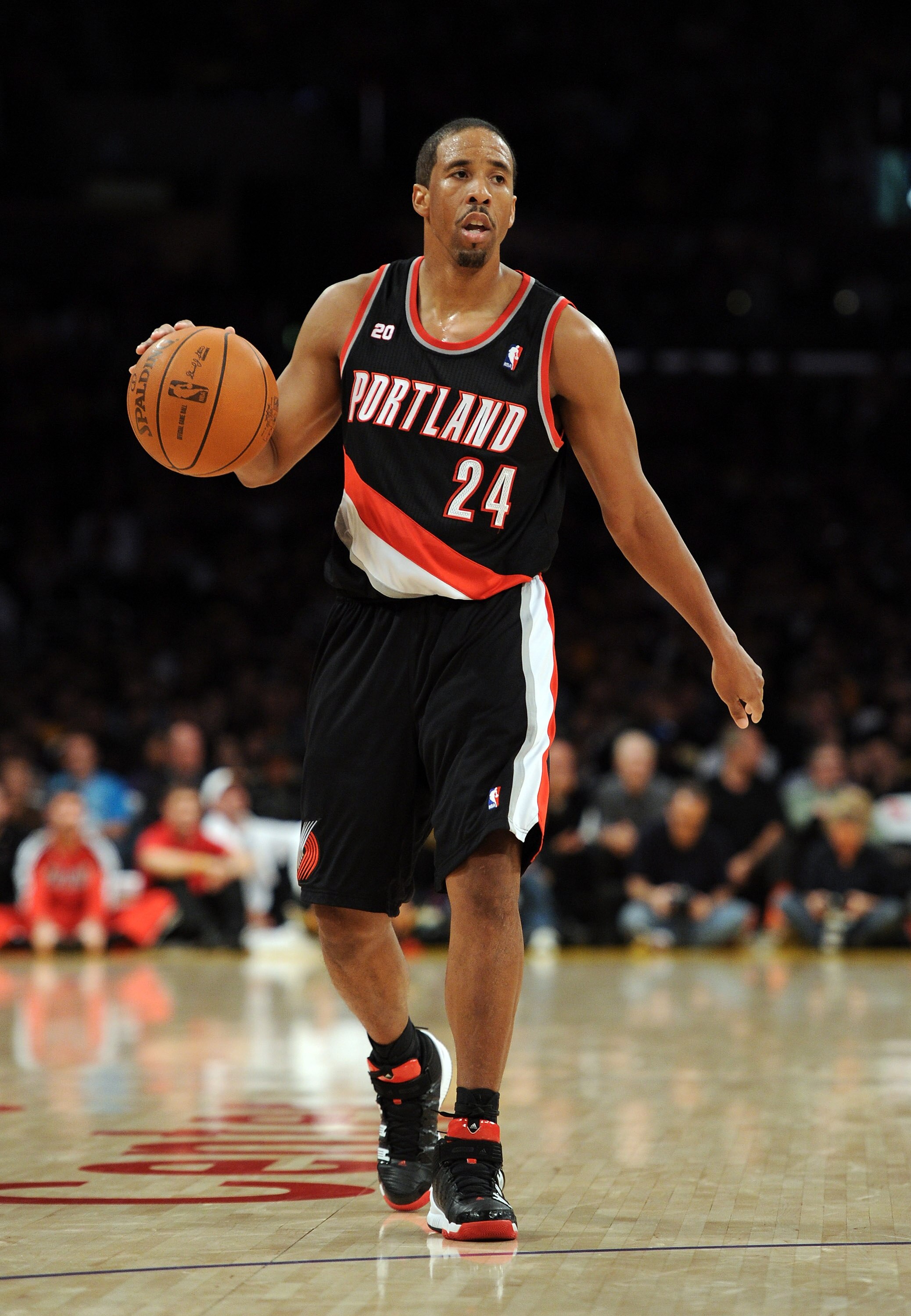 LOS ANGELES, CA - NOVEMBER 07:  Andre Miller #24 of the Portland Trail Blazers dribbles up court against the Los Angeles Lakers at the Staples Center on November 7, 2010 in Los Angeles, California.  NOTE TO USER: User expressly acknowledges and agrees tha