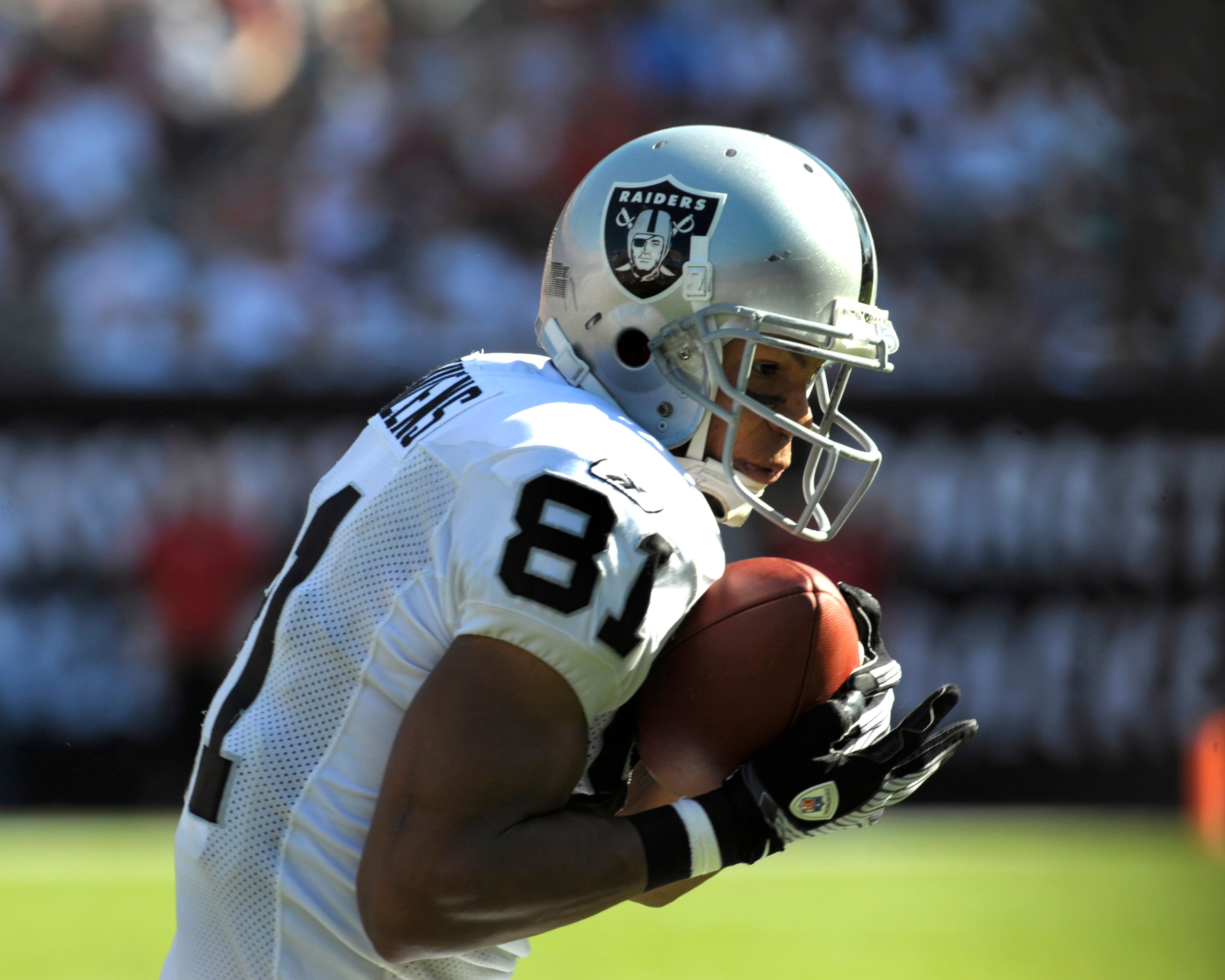TAMPA, FL - DECEMBER 28: Wide receiver Chaz Schilens #81 of the Oakland Raiders grabs a seocnd-quarter sideline pass against the Tampa Bay Buccaneers at Raymond James Stadium on December 28, 2008 in Tampa, Florida.  (Photo by Al Messerschmidt/Getty Images