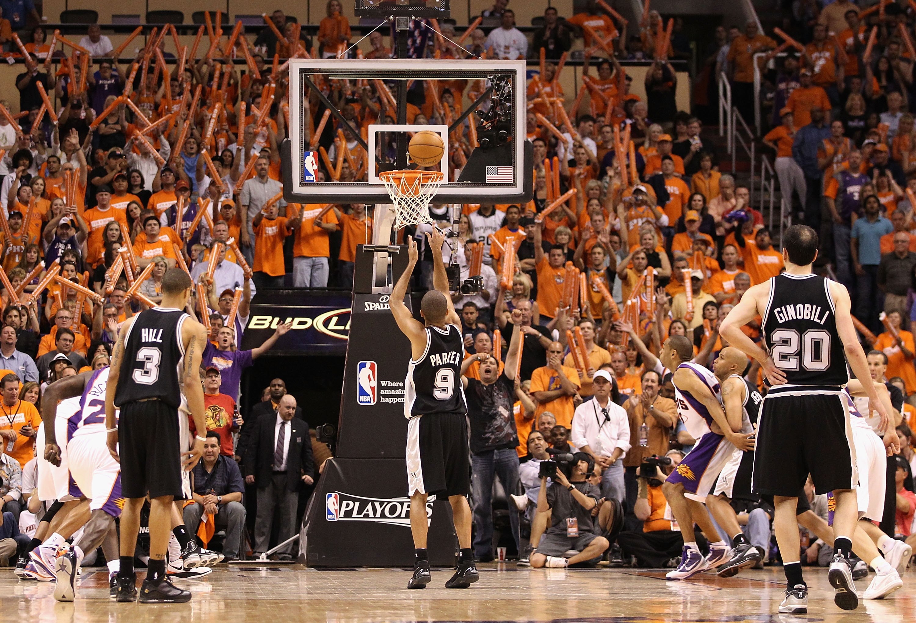 PHOENIX - MAY 03:  Tony Parker #9 of the San Antonio Spurs shoots a free throw shot against the Phoenix Suns during Game One of the Western Conference Semifinals of the 2010 NBA Playoffs at US Airways Center on May 3, 2010 in Phoenix, Arizona. The Suns de