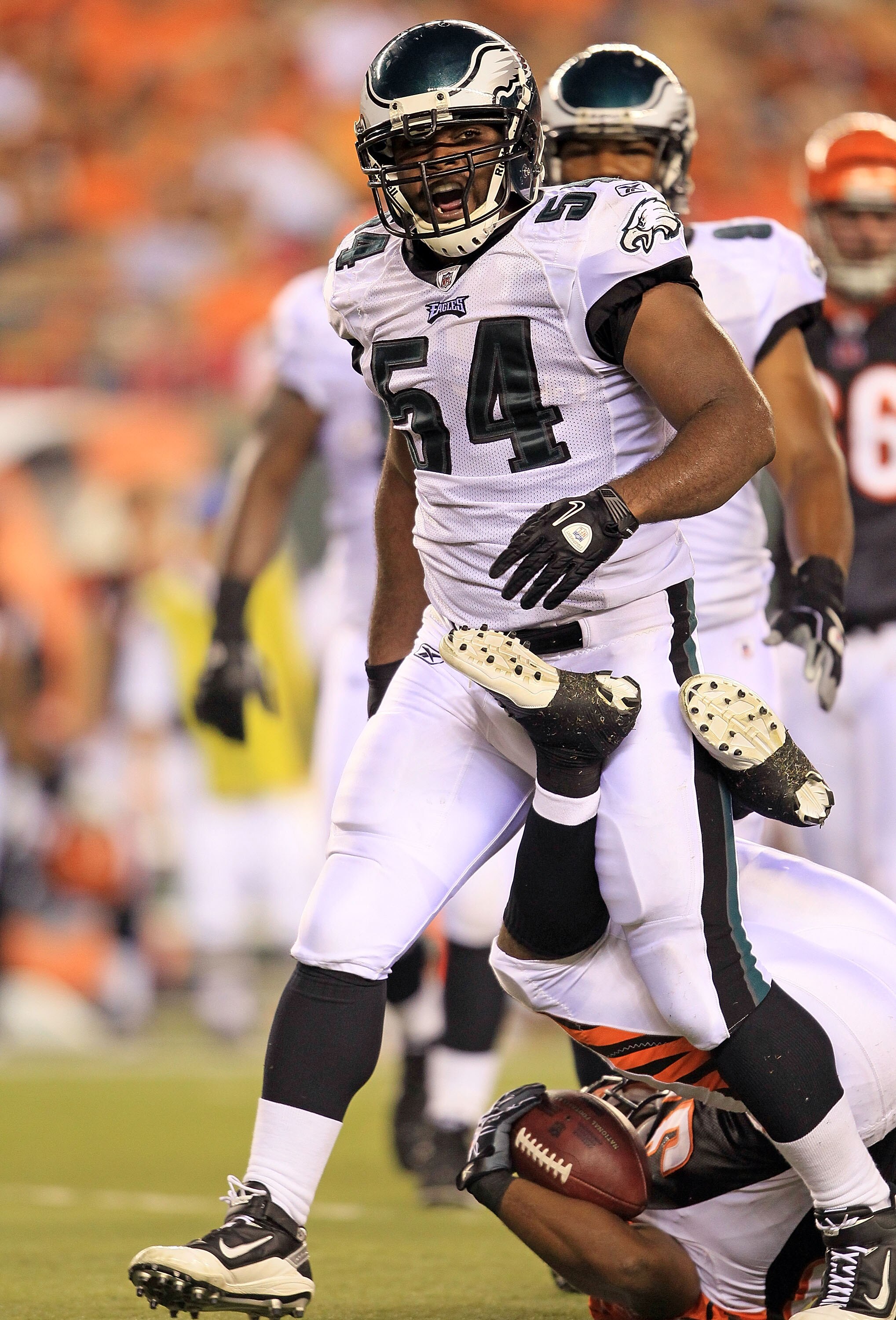 CINCINNATI - AUGUST 20:  Brandon Graham #54 of the Philadelphia Eagles celebrates after making a tackle during the NFL preseason game against the Cincinnati Bengals at Paul Brown Stadium on August 20, 2010 in Cincinnati, Ohio.  (Photo by Andy Lyons/Getty 