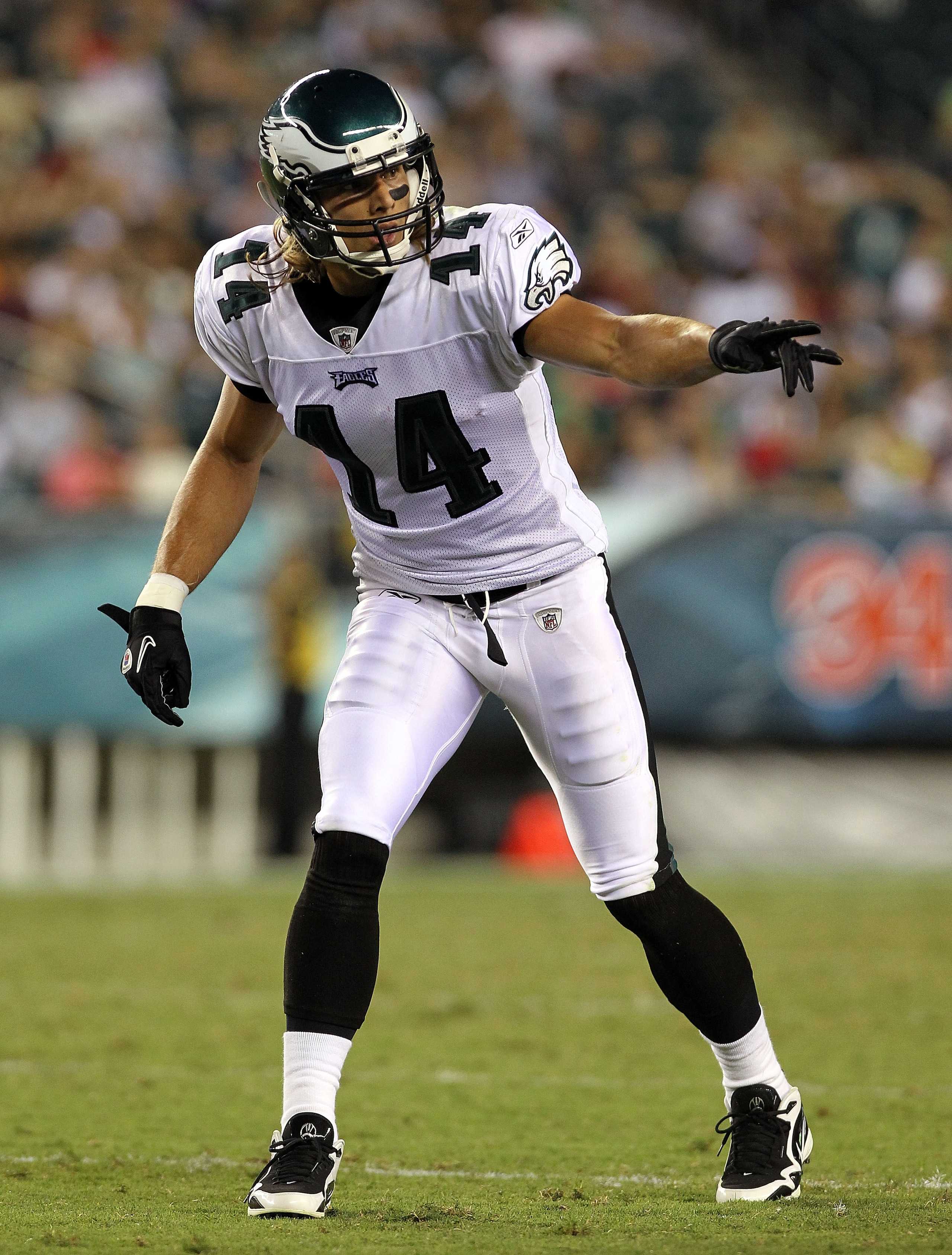 PHILADELPHIA - AUGUST 13: Riley Cooper #14 of the Philadelphia Eagles points towards the sideline against the Jacksonville Jaguars during their preseason game at Lincoln Financial Field on August 13, 2010 in Philadelphia, Pennsylvania. (Photo by Nick La PHILADELPHIA - AUGUST 13: Riley Cooper #14 of the Philadelphia Eagles points towards the sideline against the Jacksonville Jaguars during their preseason game at Lincoln Financial Field on August 13, 2010 in Philadelphia, Pennsylvania. (Photo by Nick La