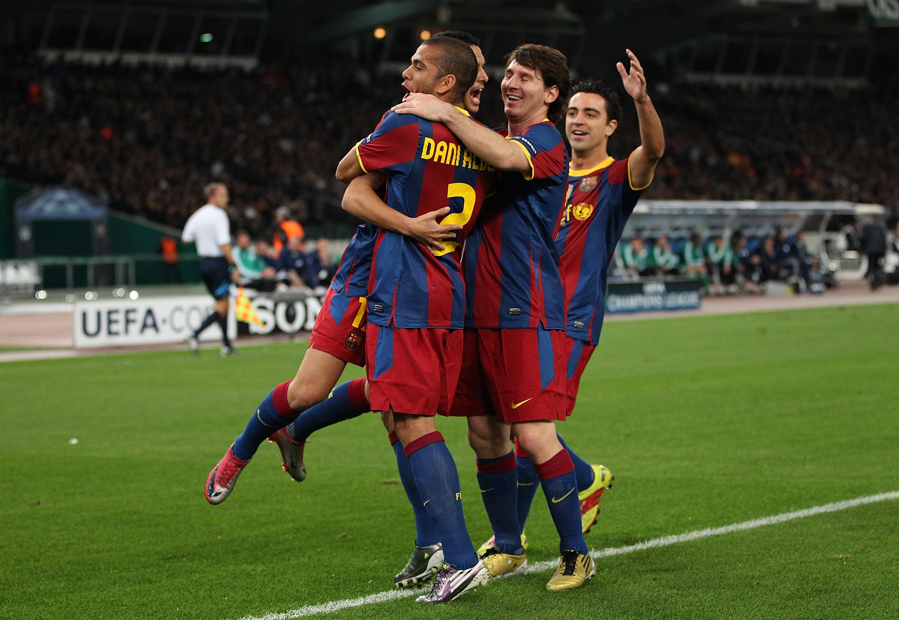 ATHENS, GREECE - NOVEMBER 24:  Pedro Rodriguez of Barcelona celebrates with his team mates after scoring his team's first goal during the UEFA Champions League Group D match between Panathinaikos FC and FC Barcelona at OAKA Spiros Louis Stadium on Novembe