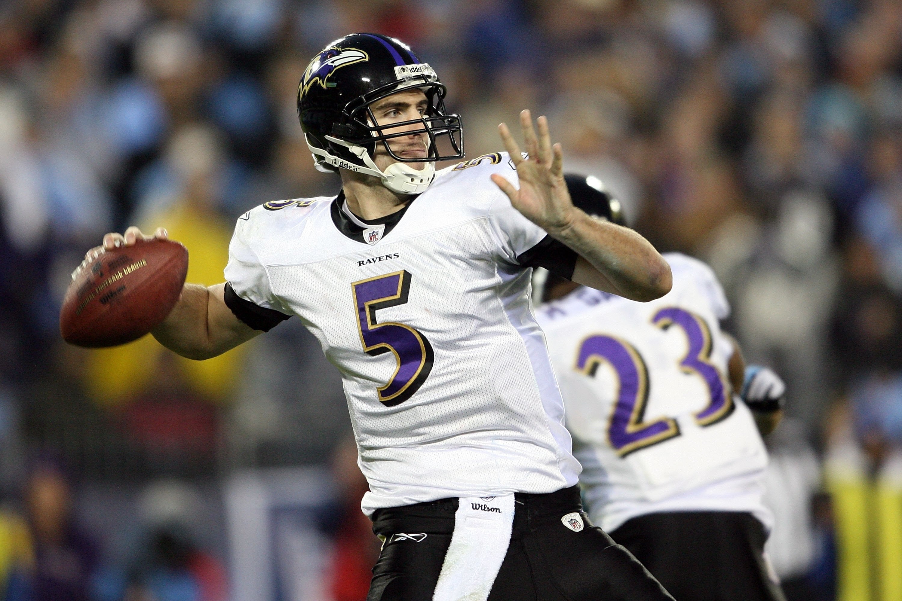 NASHVILLE, TN - JANUARY 10:  Quarterback Joe Flacco #5 of the Baltimore Ravens throws the ball in the second half against the Tennessee Titans during the AFC Divisional Playoff Game on January 10, 2009 at LP Field in Nashville, Tennessee.  (Photo by Andy