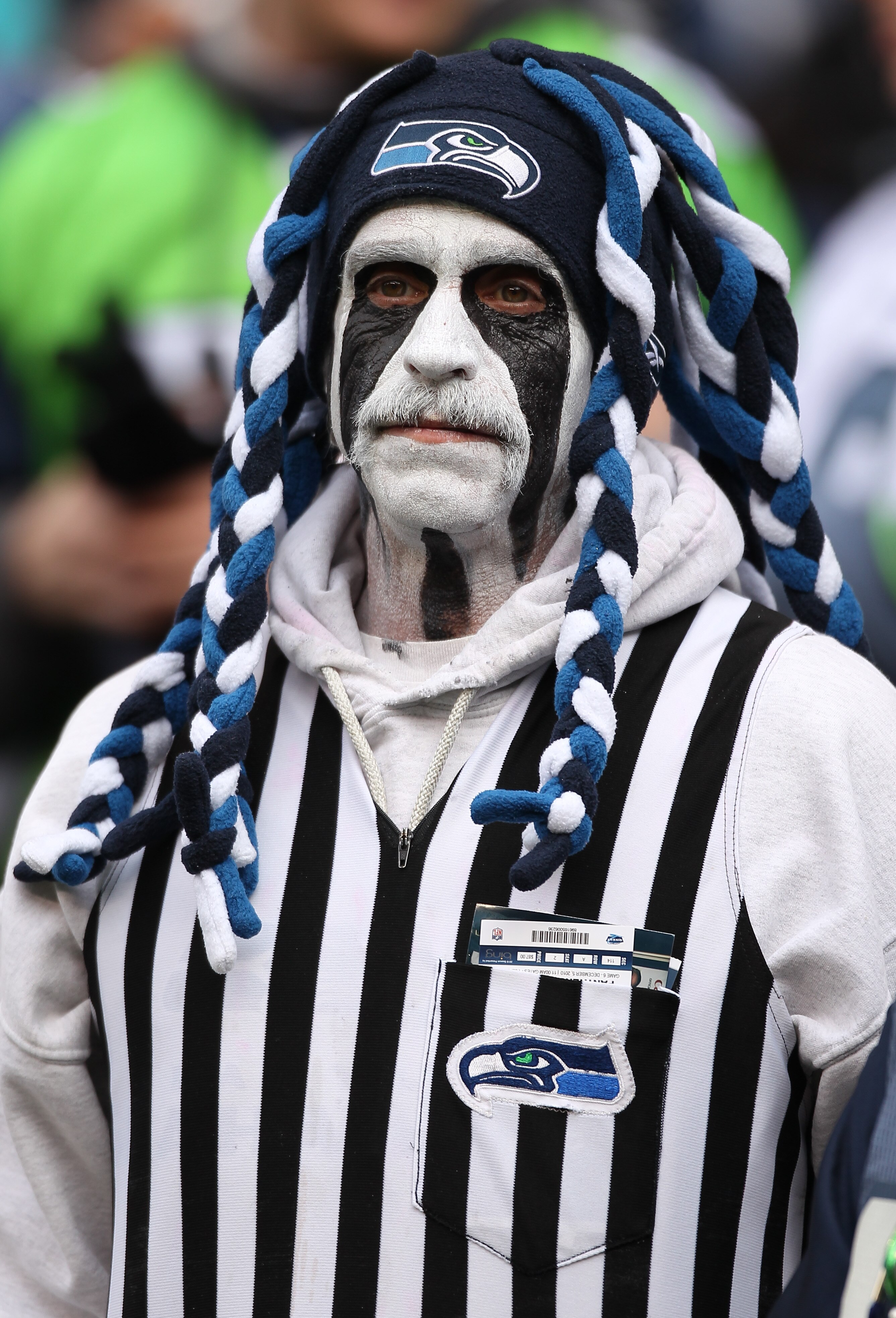 SEATTLE - DECEMBER 05:  A fan of the Seattle Seahawks looks on during the game against the Carolina Panthers at Qwest Field on December 5, 2010 in Seattle, Washington. The Seahawks won, 31-14. (Photo by Otto Greule Jr/Getty Images)