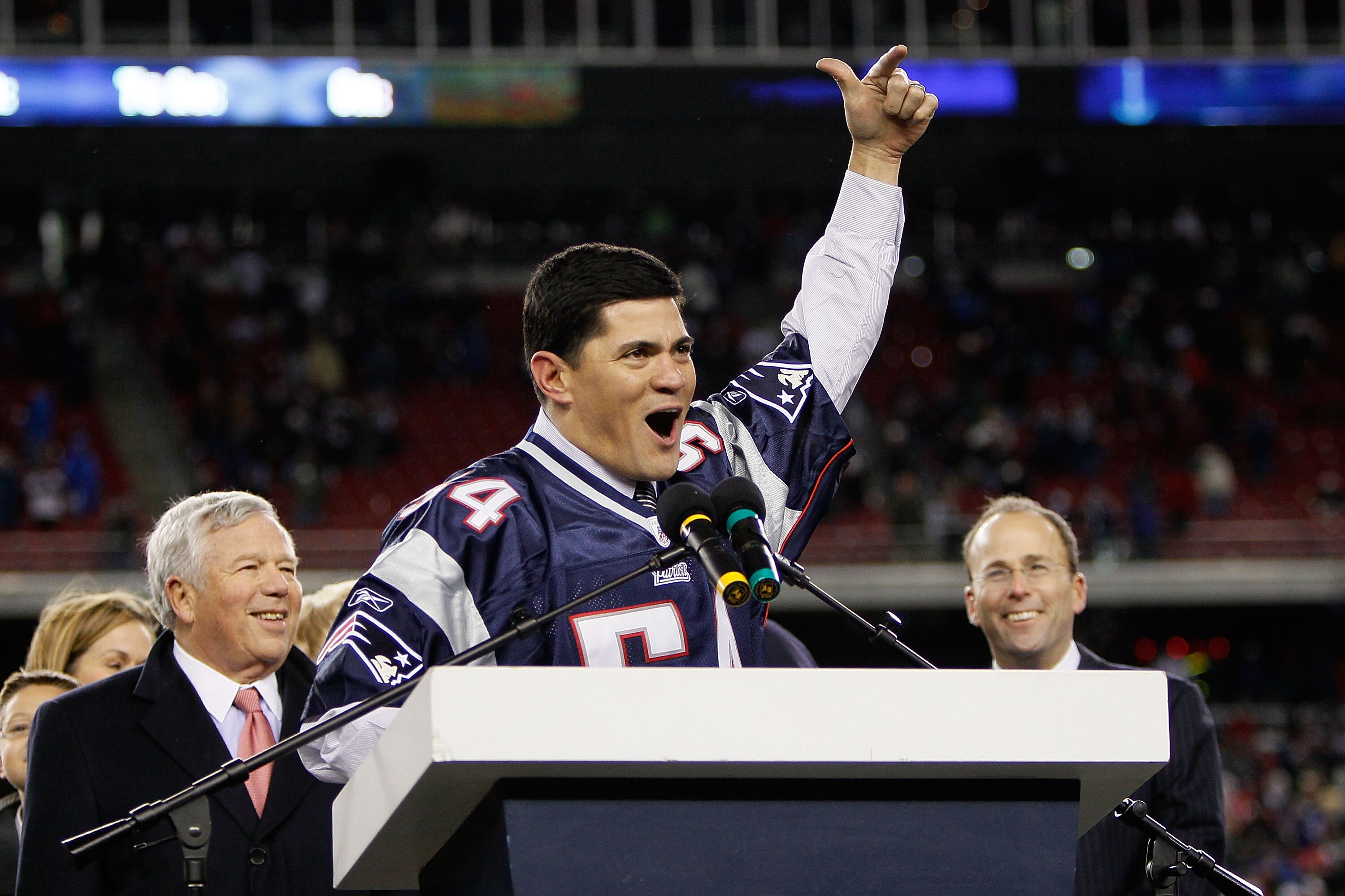 FOXBORO, MA - DECEMBER 06:  Former New England Patriots Tedy Bruschi reacts during a halftime ceremony honoring his playing career as the Patriots host the New York Jets at Gillette Stadium on December 6, 2010 in Foxboro, Massachusetts.  (Photo by Jim Rog