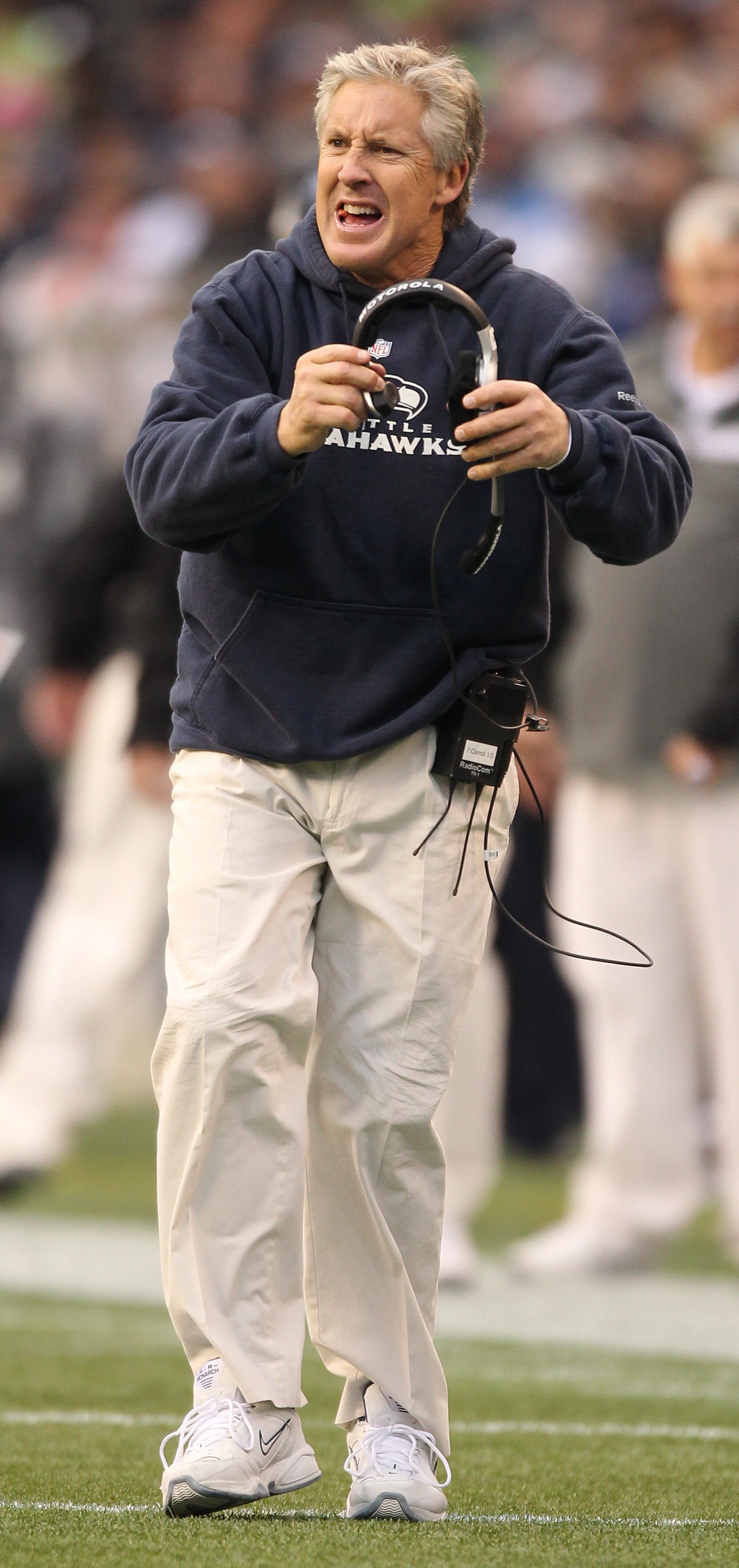 SEATTLE - DECEMBER 05:  Head coach Pete Carroll of the Seattle Seahawks reacts after Marshawn Lynch #24 scored a touchdown against the Carolina Panthers at Qwest Field on December 5, 2010 in Seattle, Washington. The Seahawks defeated the Panthers 31-14. (
