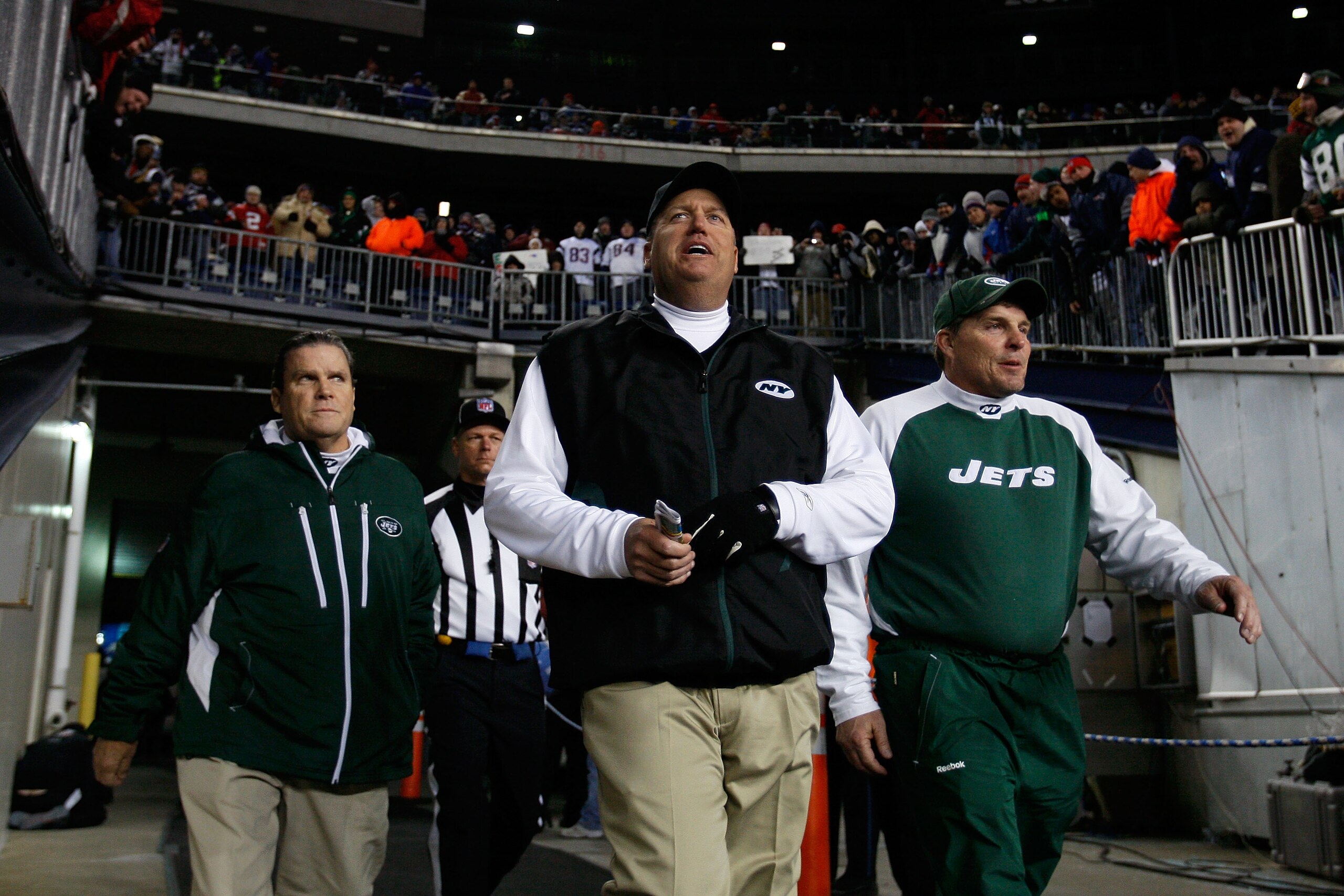 FOXBORO, MA - DECEMBER 06:  Head coach Rex Ryan of the New York Jets walks on the field for the start of their game against the New England Patriots at Gillette Stadium on December 6, 2010 in Foxboro, Massachusetts.  (Photo by Jim Rogash/Getty Images)
