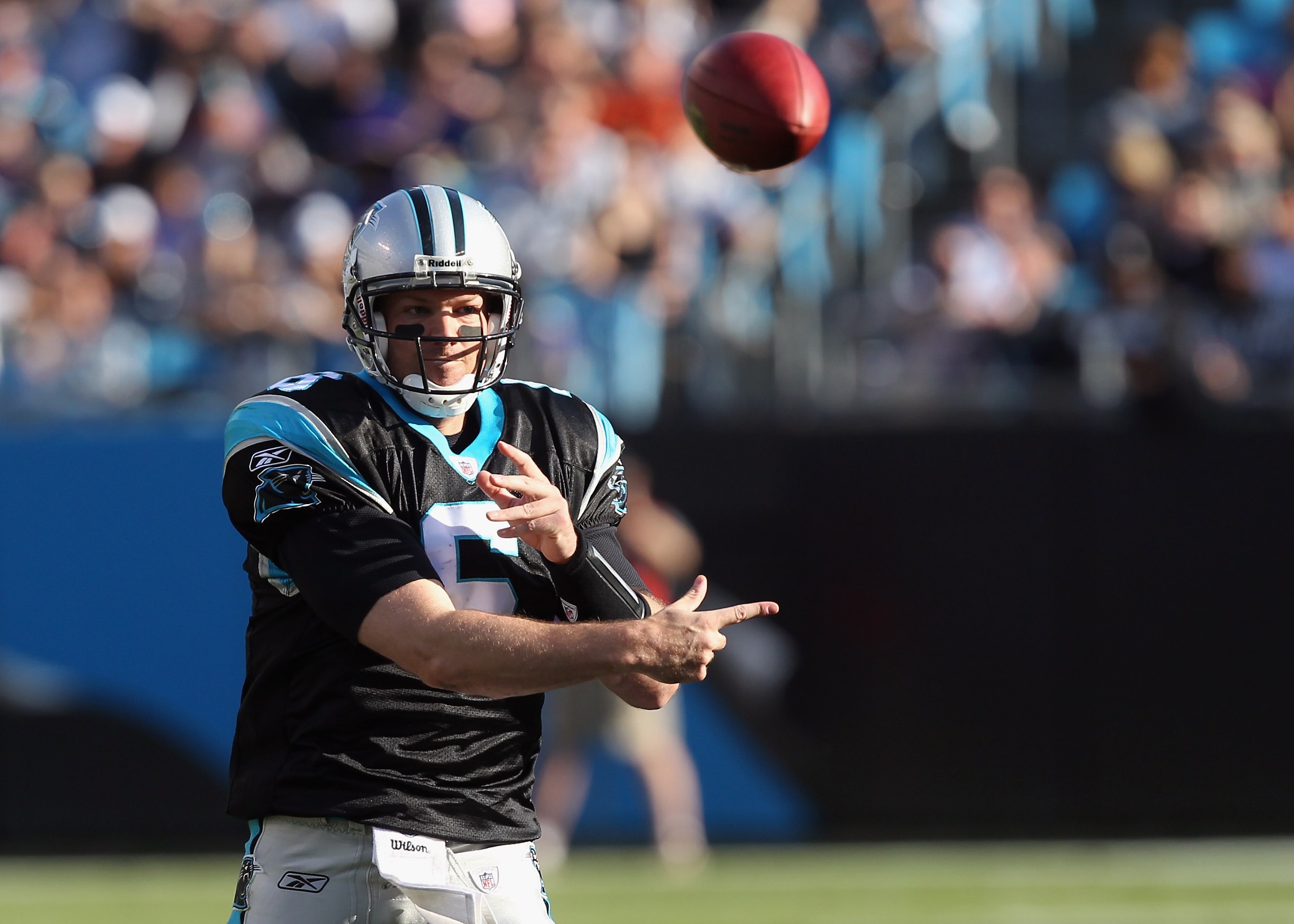 CHARLOTTE, NC - NOVEMBER 21:  Brian St. Pierre #6 of the Carolina Panthers against the Baltimore Ravens at Bank of America Stadium on November 21, 2010 in Charlotte, North Carolina.  (Photo by Streeter Lecka/Getty Images)