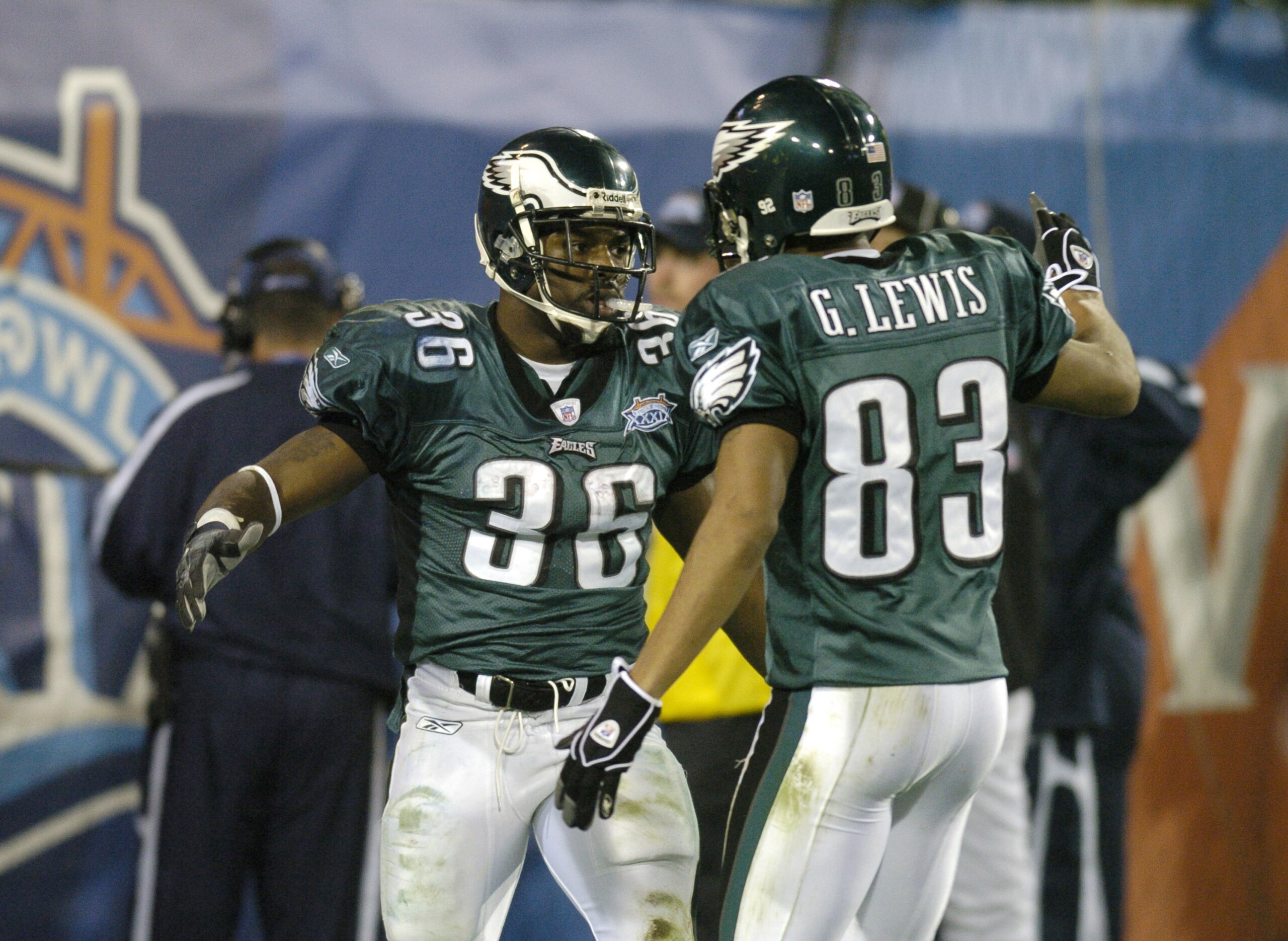 The Philadelphia Eagles Brian Westbrook #36 and Greg Lewis #83 celebrate during Super Bowl XXXIX between the Eagles and the New England Patriots at Alltel Stadium in Jacksonville, Florida on February 6, 2005.  (Photo by Al Messerschmidt/Getty Images)