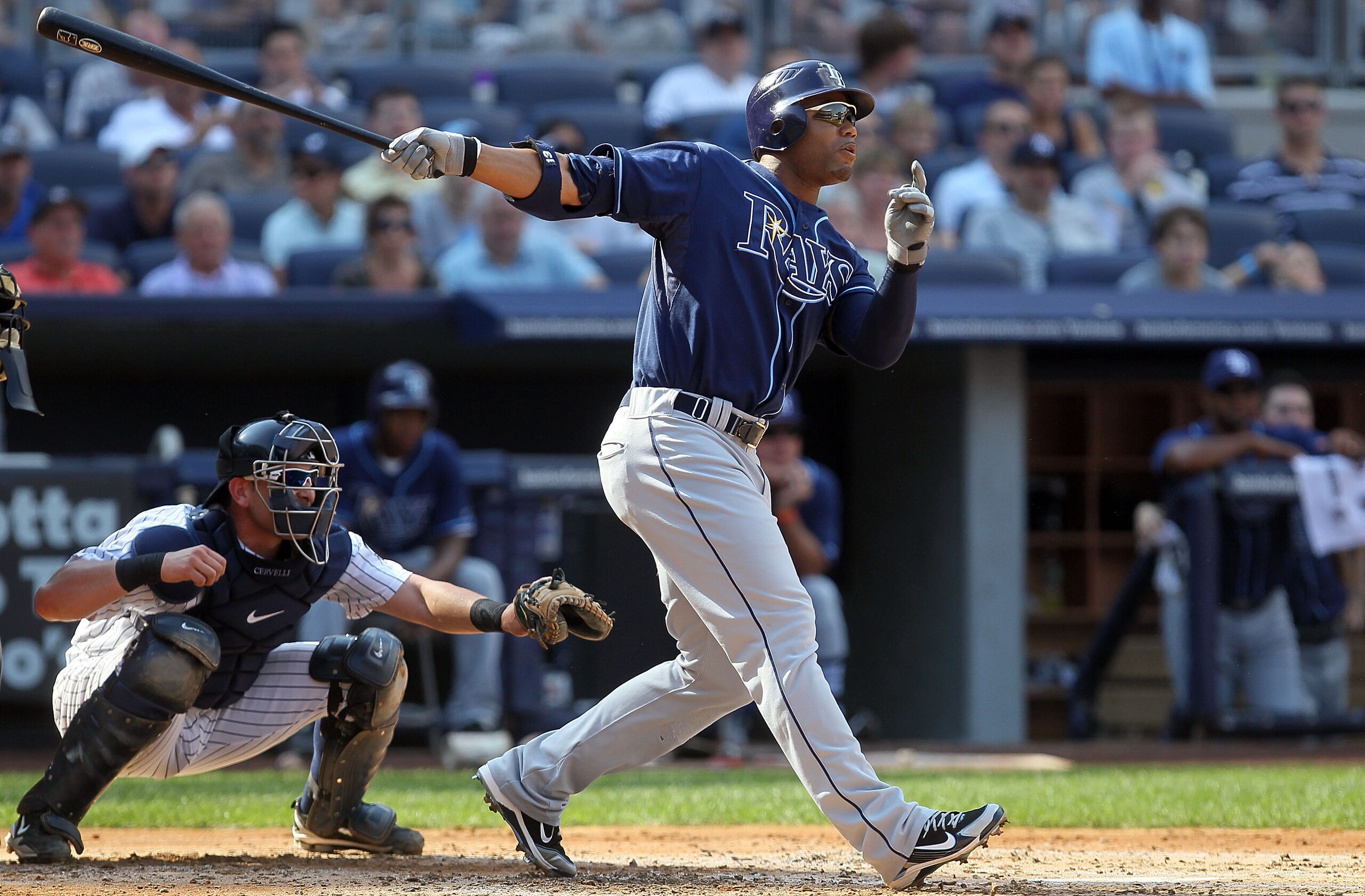 NEW YORK - JULY 17:  Carl Crawford #13 of the Tampa Bay Rays bats against the New York Yankees on July 17, 2010 at Yankee Stadium in the Bronx borough of New York City.  (Photo by Jim McIsaac/Getty Images)