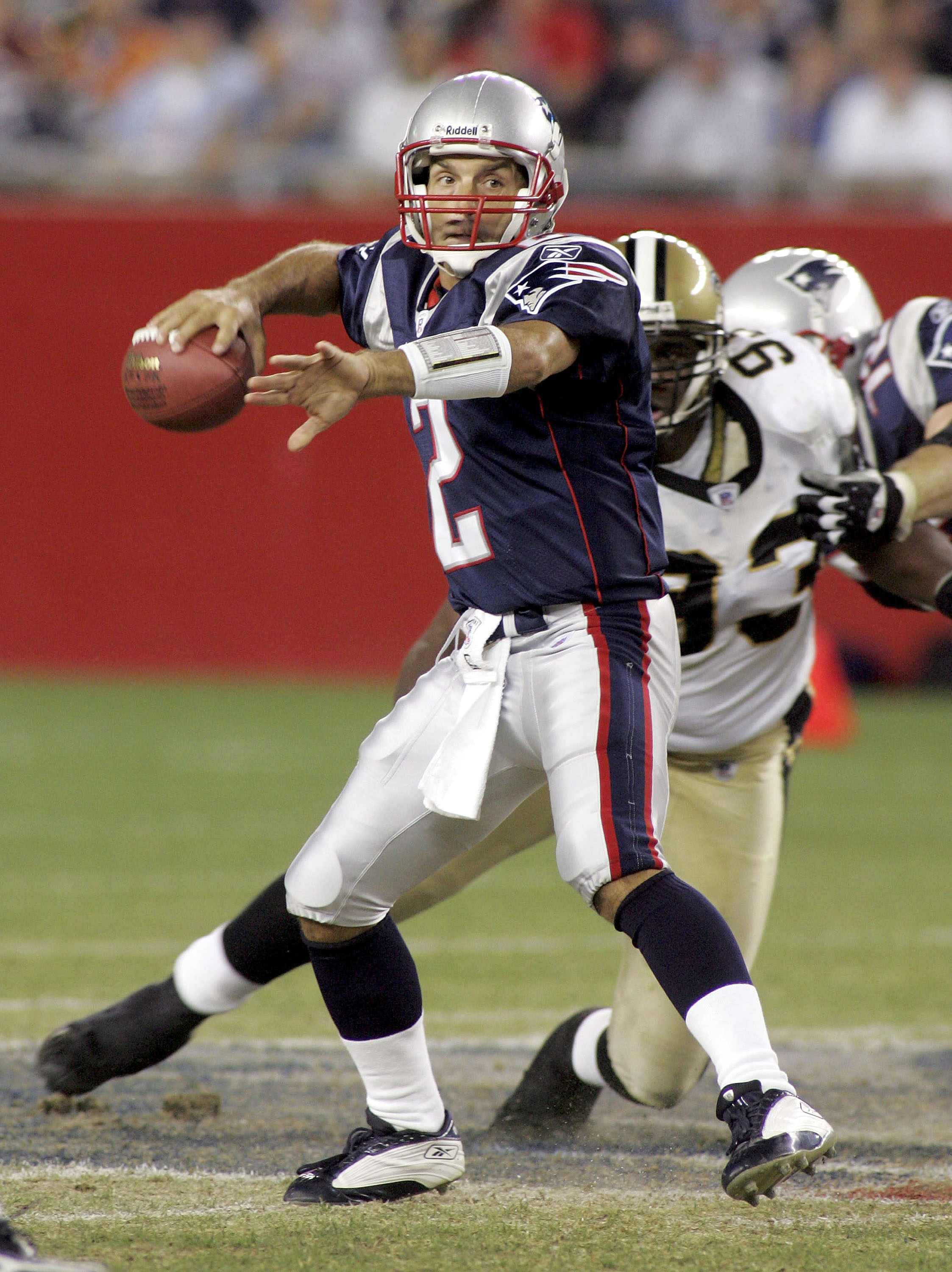 FOXBORO, MA - AUGUST 18: Quarterback Doug Flutie #2 of the New England Patriots looks to pass against the New Orleans Saints at Gillette Stadium on August 18, 2005 in Foxboro, Massachusetts. The Saints won the game 37-27. (Photo by Jim McIsaac/Getty Ima FOXBORO, MA - AUGUST 18: Quarterback Doug Flutie #2 of the New England Patriots looks to pass against the New Orleans Saints at Gillette Stadium on August 18, 2005 in Foxboro, Massachusetts. The Saints won the game 37-27. (Photo by Jim McIsaac/Getty Ima