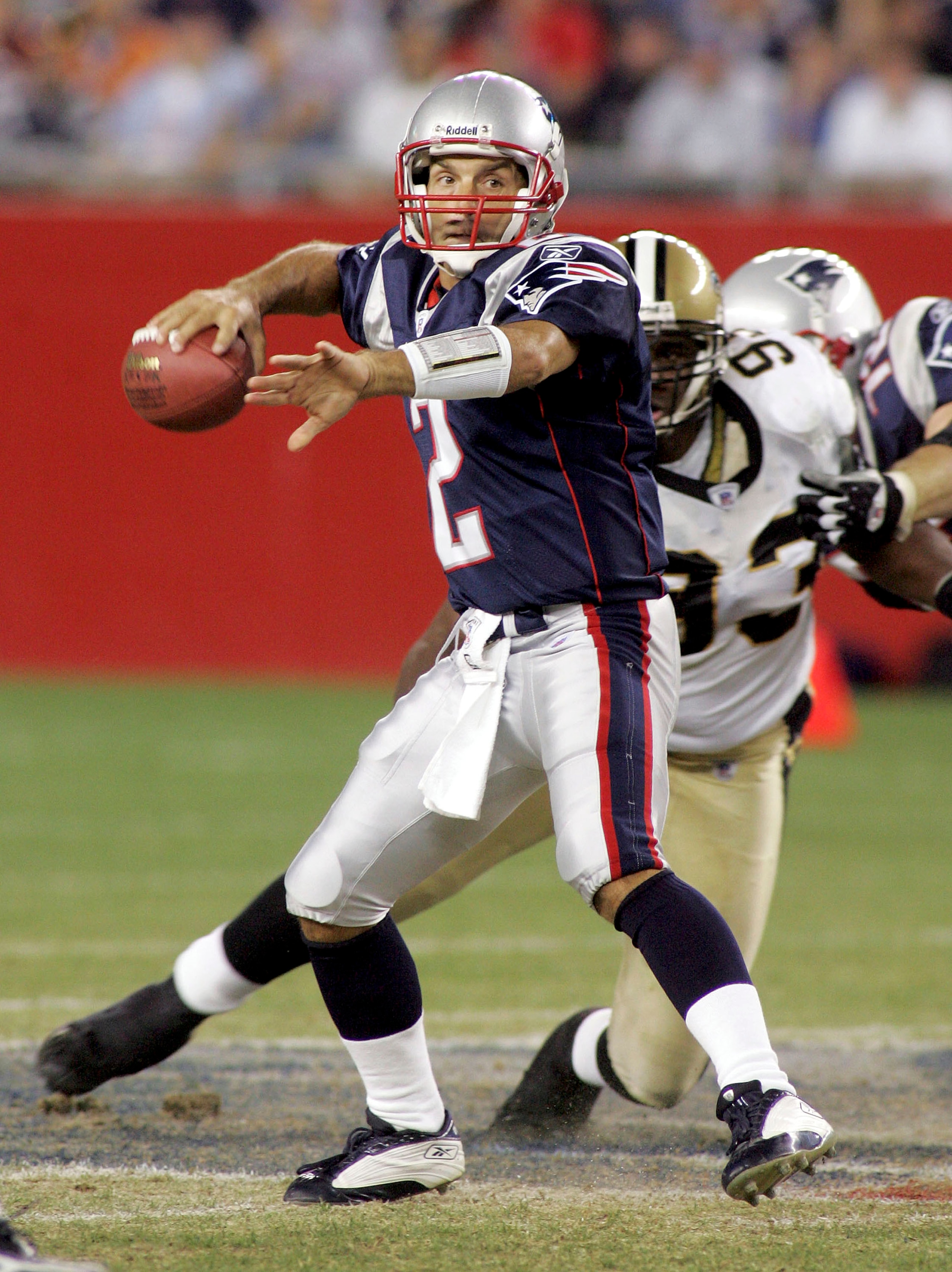 FOXBORO, MA - AUGUST 18: Quarterback Doug Flutie #2 of the New England Patriots looks to pass against the New Orleans Saints at Gillette Stadium on August 18, 2005 in Foxboro, Massachusetts. The Saints won the game 37-27. (Photo by Jim McIsaac/Getty Ima FOXBORO, MA - AUGUST 18: Quarterback Doug Flutie #2 of the New England Patriots looks to pass against the New Orleans Saints at Gillette Stadium on August 18, 2005 in Foxboro, Massachusetts. The Saints won the game 37-27. (Photo by Jim McIsaac/Getty Ima
