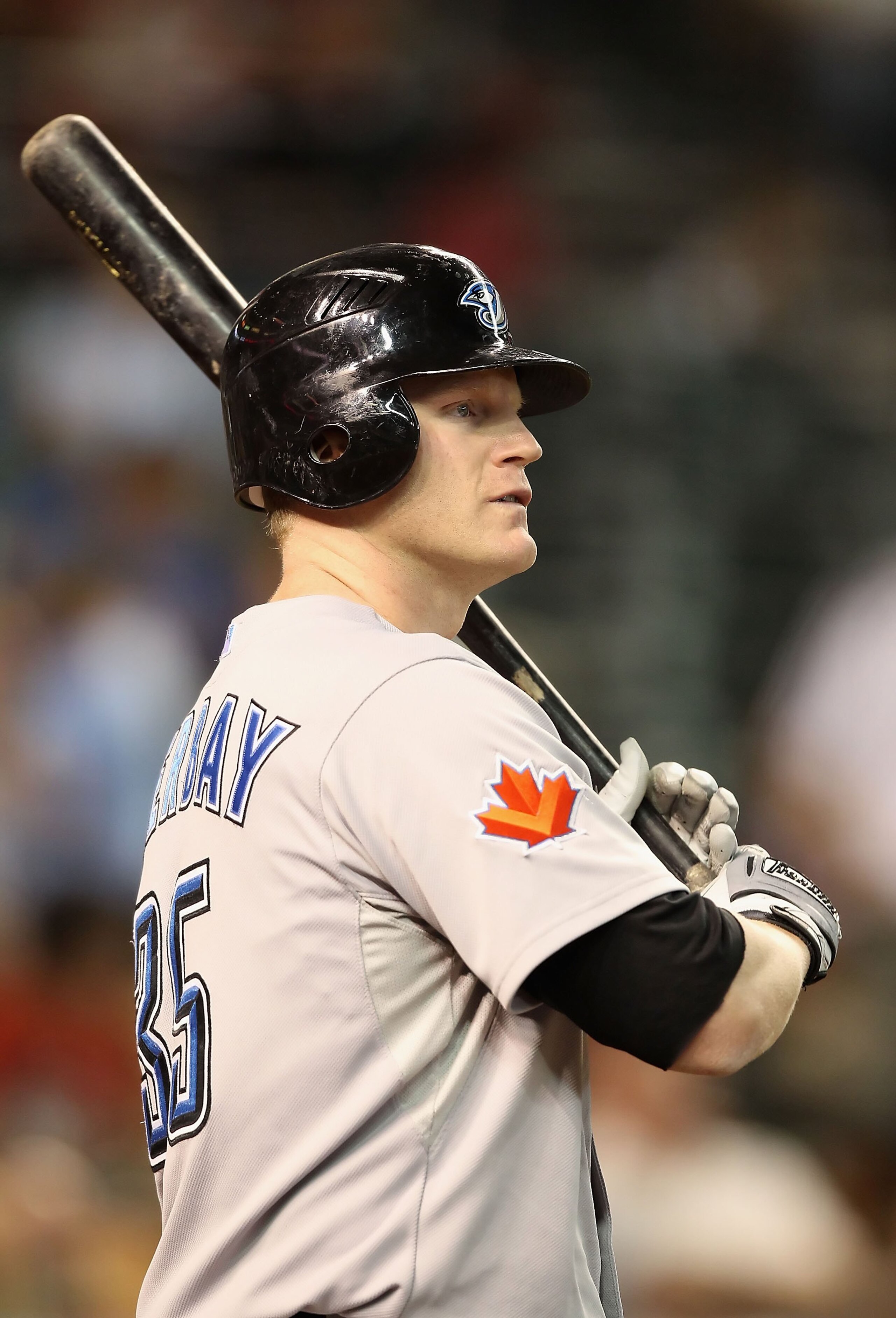 PHOENIX - MAY 22: Lyle Overbay #35 of the Toronto Blue Jays warms up on deck during the Major League Baseball game against the Arizona Diamondbacks at Chase Field on May 22, 2010 in Phoenix, Arizona. The Diamondbacks defeated the Blue Jays 8-5. (Photo b PHOENIX - MAY 22: Lyle Overbay #35 of the Toronto Blue Jays warms up on deck during the Major League Baseball game against the Arizona Diamondbacks at Chase Field on May 22, 2010 in Phoenix, Arizona. The Diamondbacks defeated the Blue Jays 8-5. (Photo b