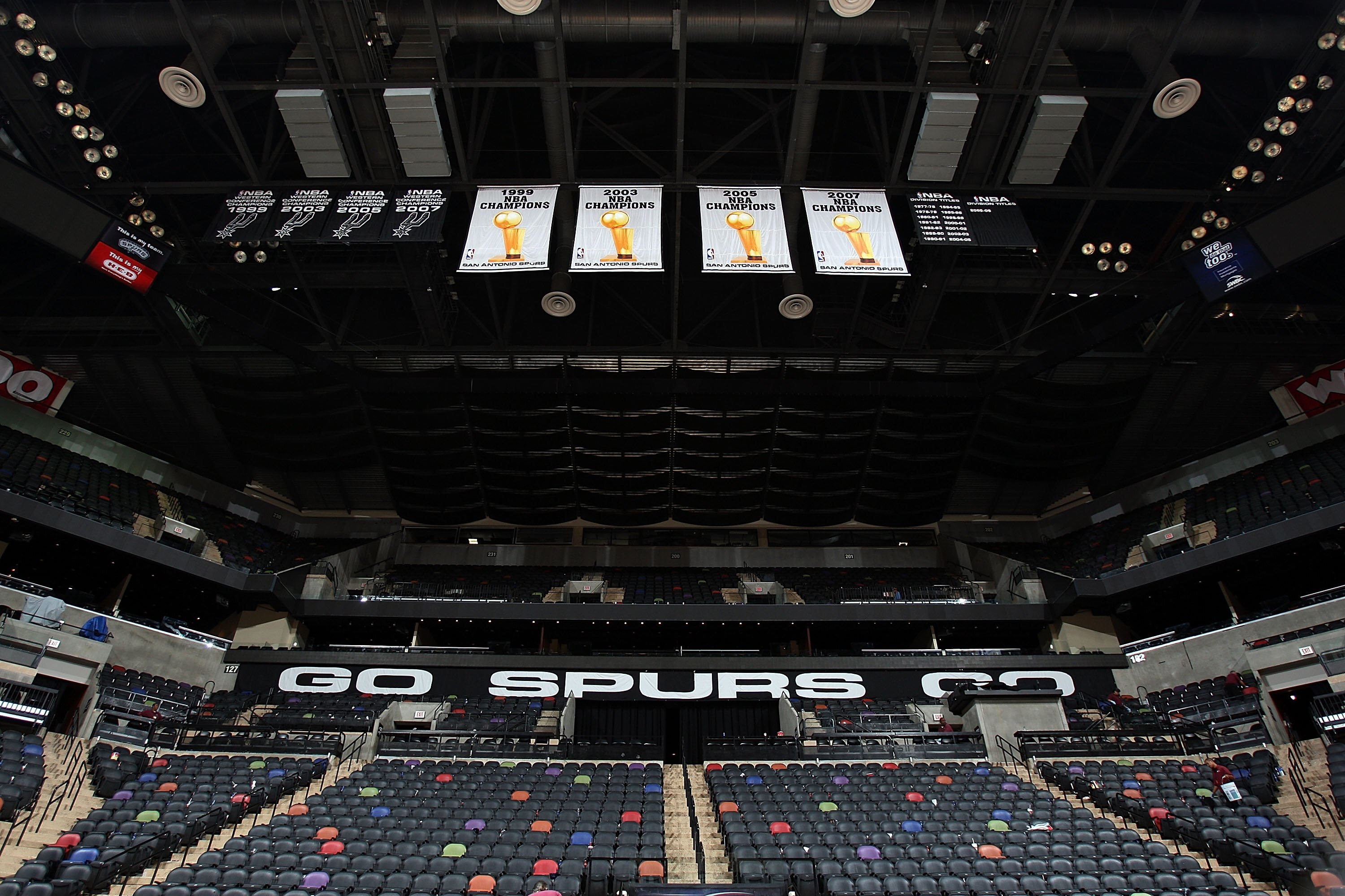 SAN ANTONIO - APRIL 18:  NBA Championship banners of the San Antonio Spurs after Game One of the Western Conference Quarterfinals during the 2009 NBA Playoffs at AT&T Center on April 18, 2009 in San Antonio, Texas. NOTE TO USER: User expressly acknowledge