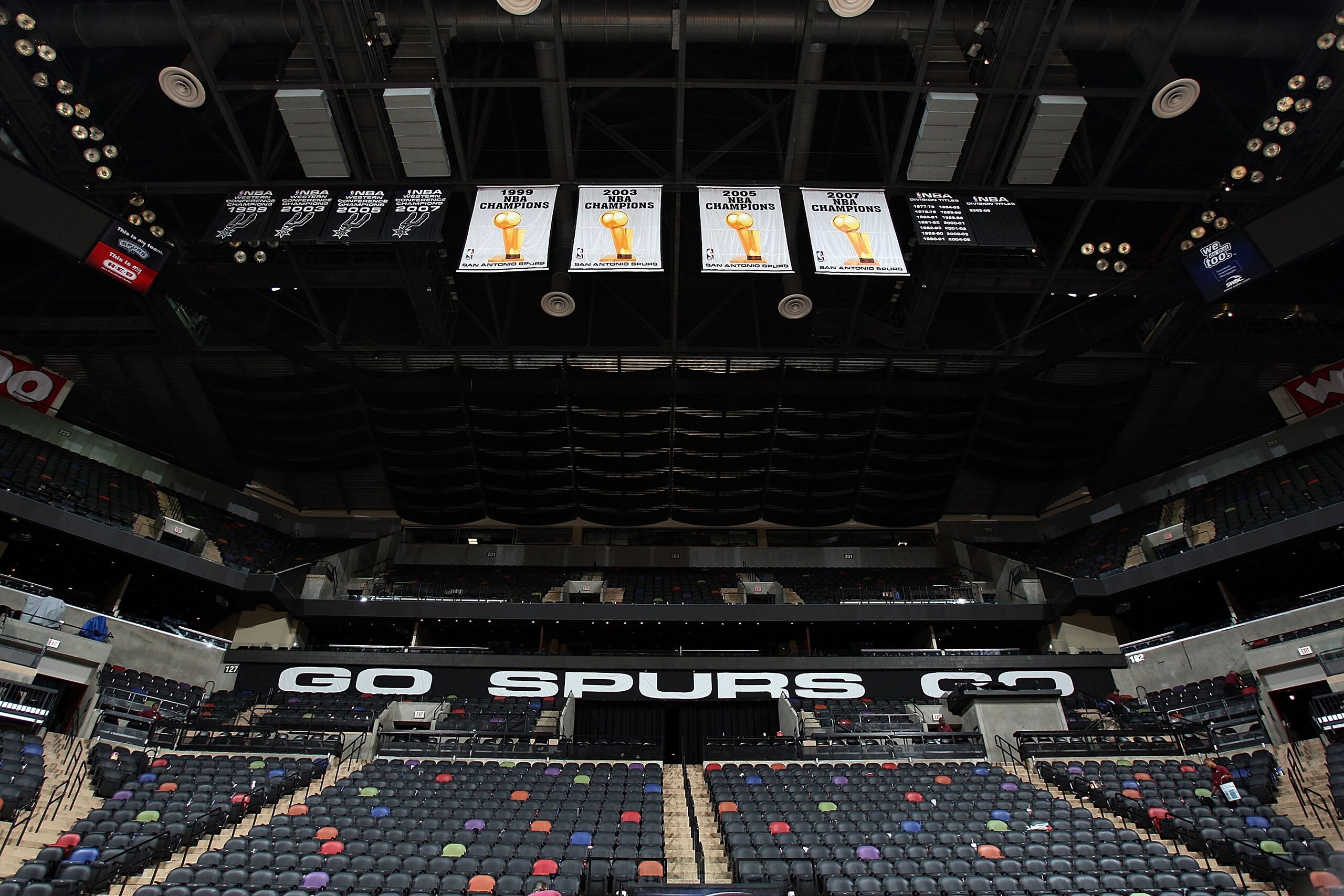 SAN ANTONIO - APRIL 18:  NBA Championship banners of the San Antonio Spurs after Game One of the Western Conference Quarterfinals during the 2009 NBA Playoffs at AT&T Center on April 18, 2009 in San Antonio, Texas. NOTE TO USER: User expressly acknowledge