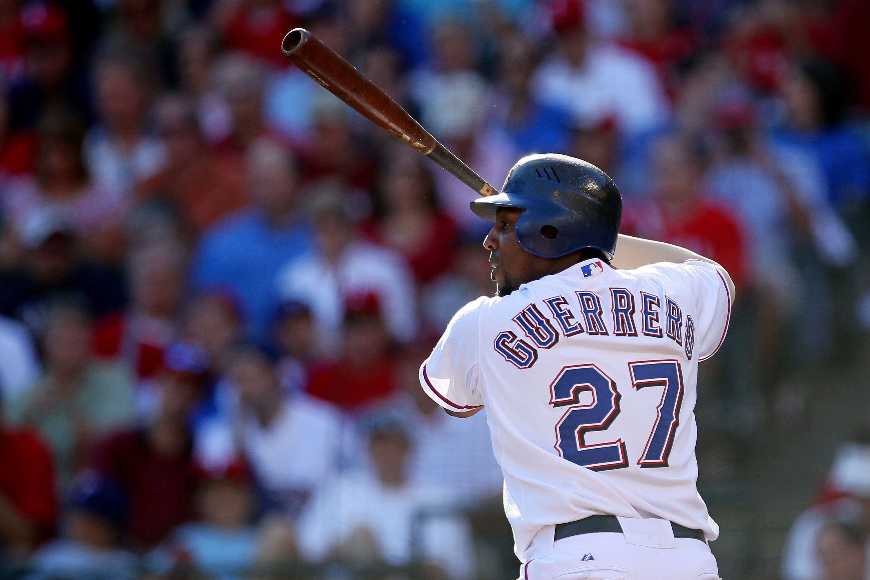 ARLINGTON, TX - OCTOBER 16:  Vladimir Guerrero #27 of the Texas Rangers bats against the New York Yankees in Game Two of the ALCS during the 2010 MLB Playoffs at Rangers Ballpark in Arlington on October 16, 2010 in Arlington, Texas.  (Photo by Stephen Dun