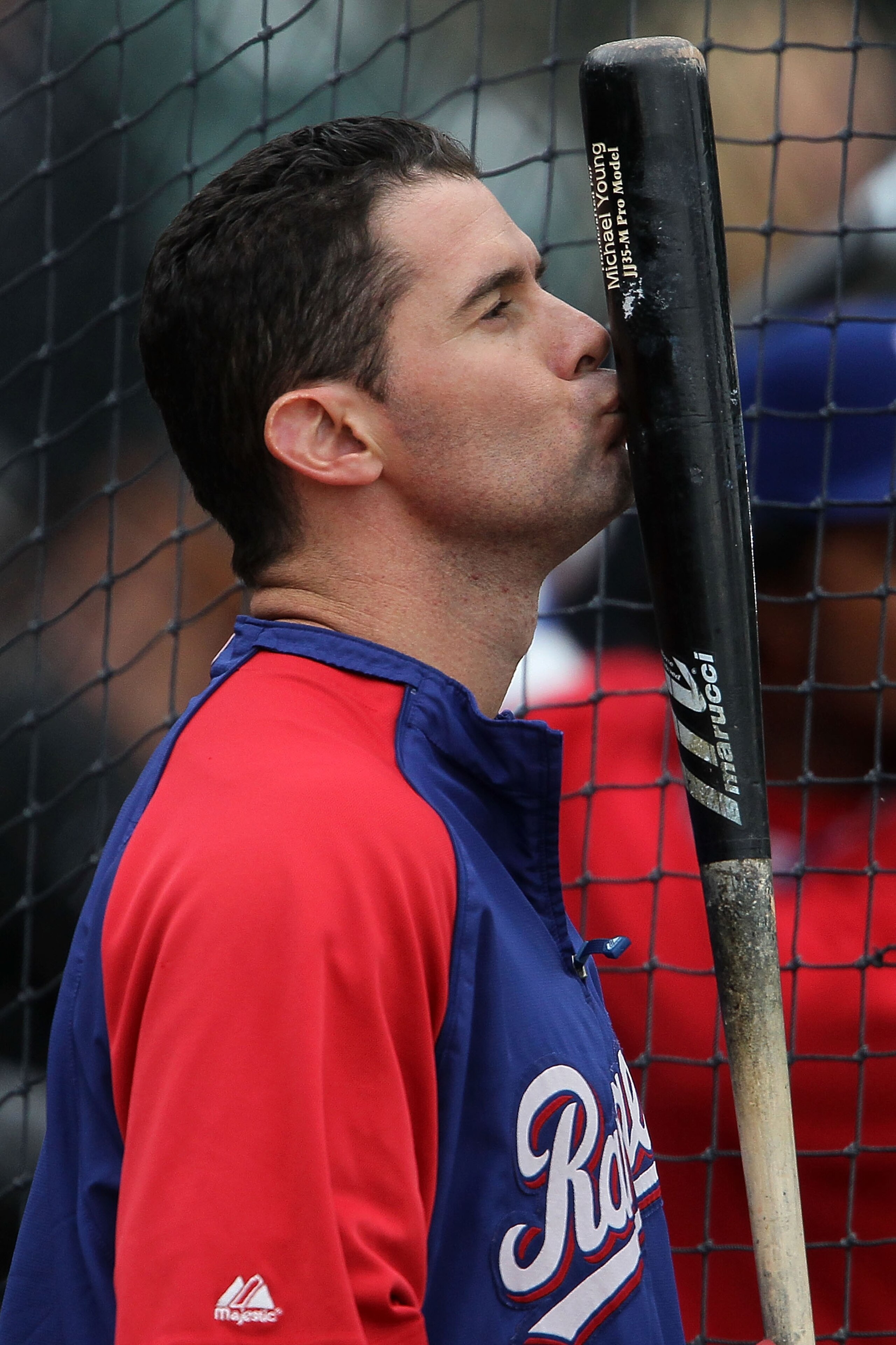 SAN FRANCISCO - OCTOBER 28:  Michael Young #10 of the Texas Rangers kisses his bat during batting practice before Game Two of the 2010 MLB World Series against the San Francisco Giants at AT&T Park on October 28, 2010 in San Francisco, California.  (Photo