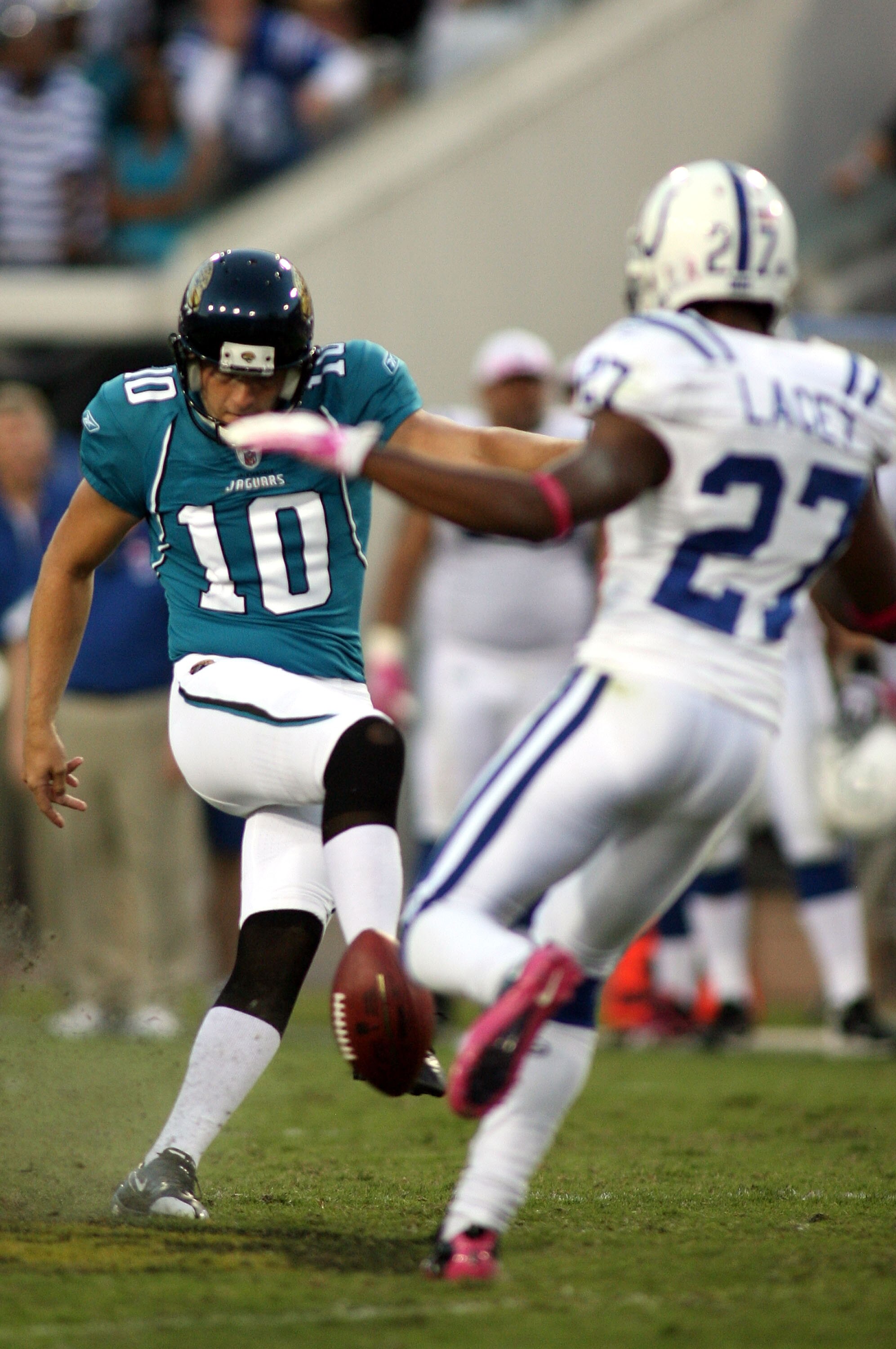 JACKSONVILLE, FL - OCTOBER 03:  Kicker Josh Scobee #10 of the Jacksonville Jaguars kicks the winning field goal against the Indianapolis Colts at EverBank Field on October 3, 2010 in Jacksonville, Florida.  (Photo by Marc Serota/Getty Images)