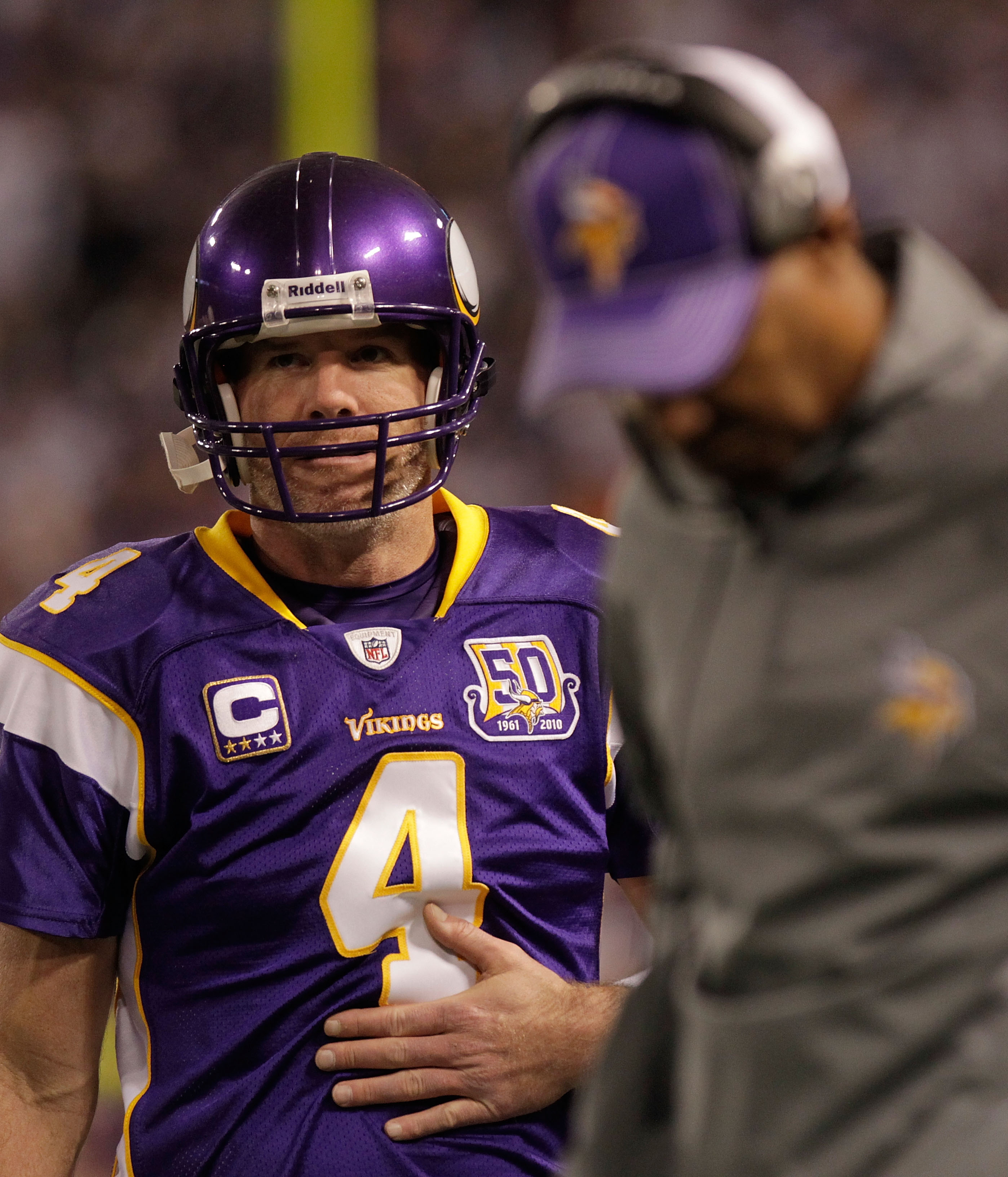 MINNEAPOLIS, MN - DECEMBER 05:  Brett Favre #4 of the Minnesota Vikings on the sideline during the game against the Buffalo Bills at the Mall of America Field at the Hubert H. Humphrey Metrodome on December 5, 2010 in Minneapolis, Minnesota.  (Photo by Ni