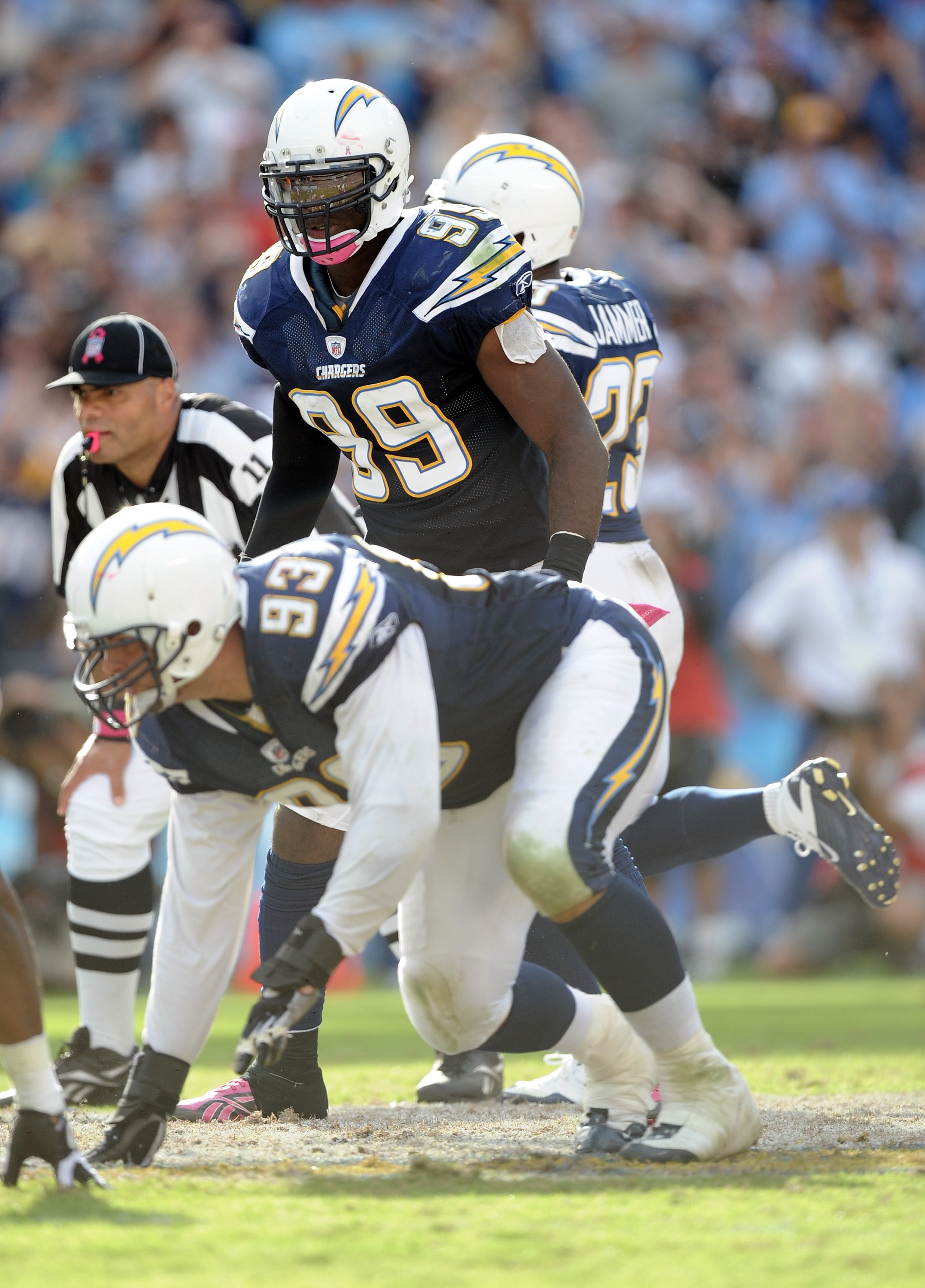 SAN DIEGO - OCTOBER 24:  Kevin Burnett #99 of the San Diego Chargers waits for the snap against the New England Patriots at Qualcomm Stadium on October 24, 2010 in San Diego, California.  (Photo by Harry How/Getty Images)