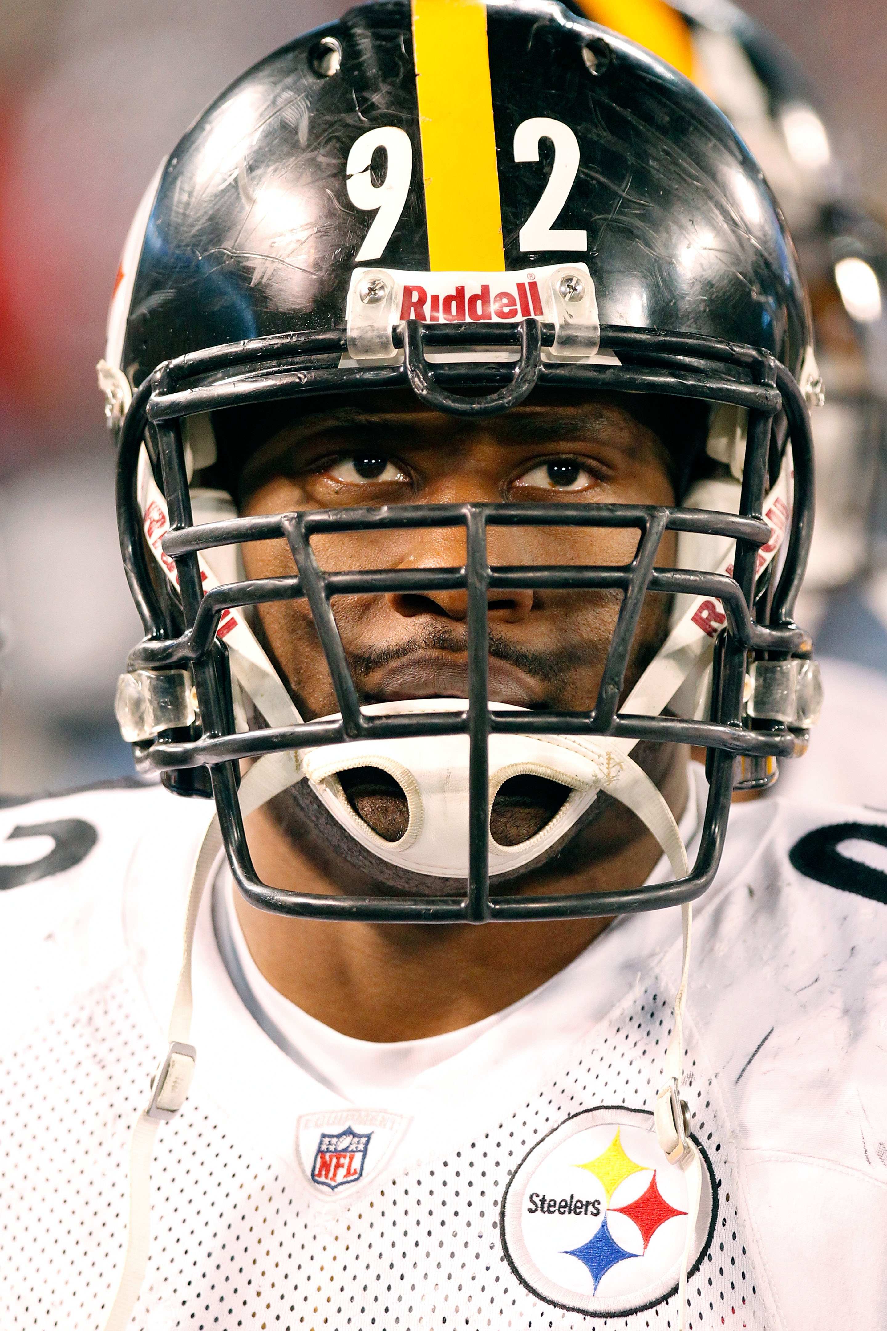 BALTIMORE, MD - DECEMBER 05:  Linebacker James Harrison #92 of the Pittsburgh Steelers looks on while playing against the Baltimore Ravens during the fourth quarter of the game at M&T Bank Stadium on December 5, 2010 in Baltimore, Maryland. Pittsburgh won