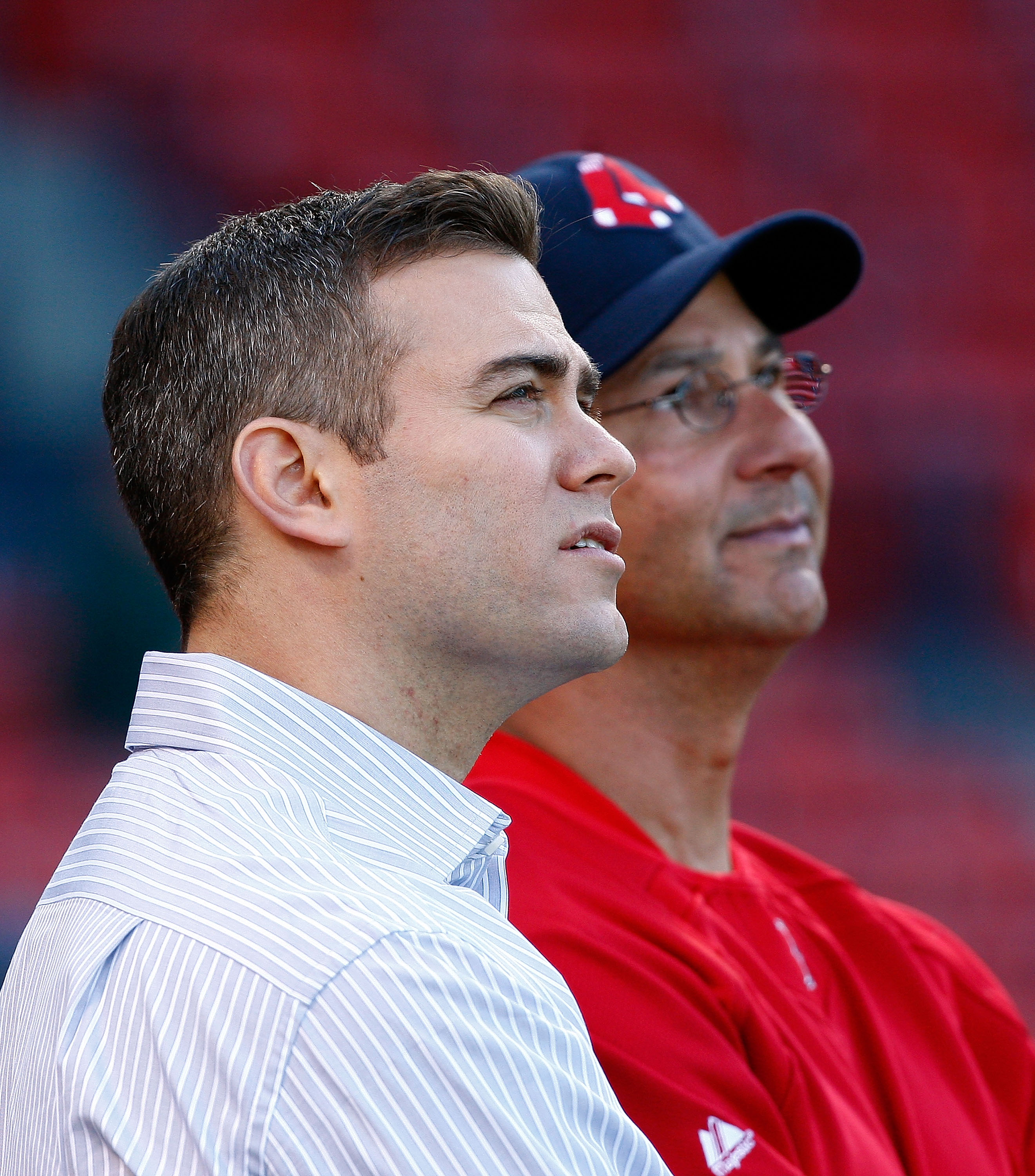 BOSTON - APRIL 24: General Manager Theo Epstein and Manger Terry Francona of the Boston Red Sox watch the pre-game action before a game with the New York Yankees at Fenway Park, April 24, 2009, in Boston, Massachusetts. (Photo by Jim Rogash/Getty Images)