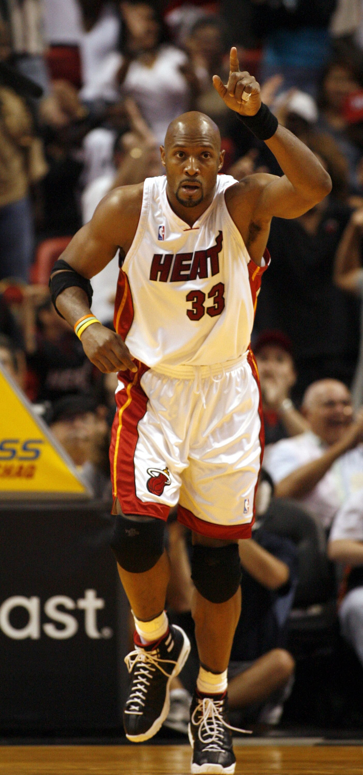 MIAMI - APRIL 11:  Center Alonzo Mourning #33 of the Miami Heat gestures after scoring against the Washington Wizards in the fourth period on April 11, 2007 at the American Airlines Arena in Miami, Florida.  NOTE TO USER: User expressly acknowledges and a
