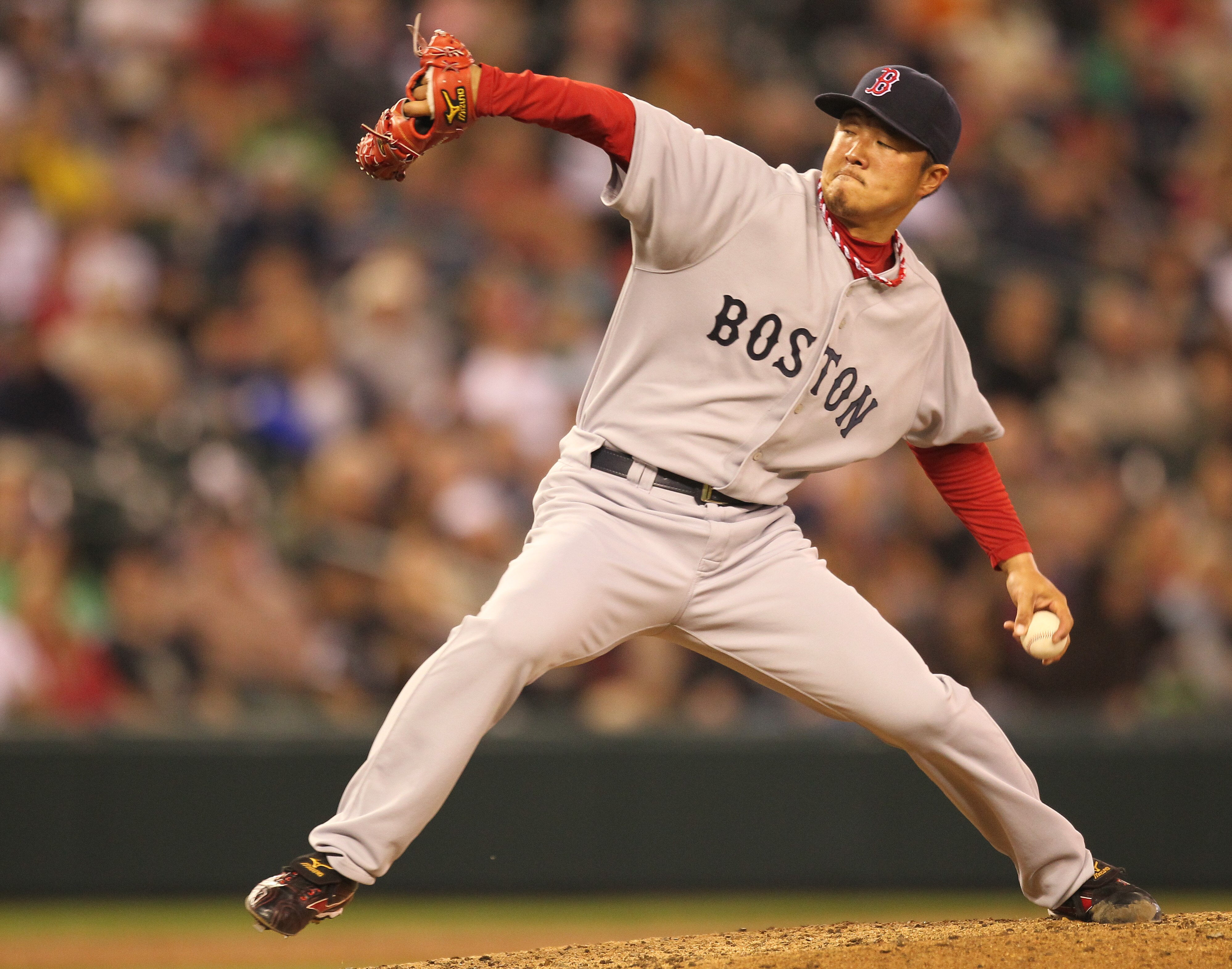 SEATTLE - SEPTEMBER 15:  Relief pitcher Hideki Okajima #37 of the Boston Red Sox pitches against the Seattle Mariners at Safeco Field on September 15, 2010 in Seattle, Washington. (Photo by Otto Greule Jr/Getty Images)