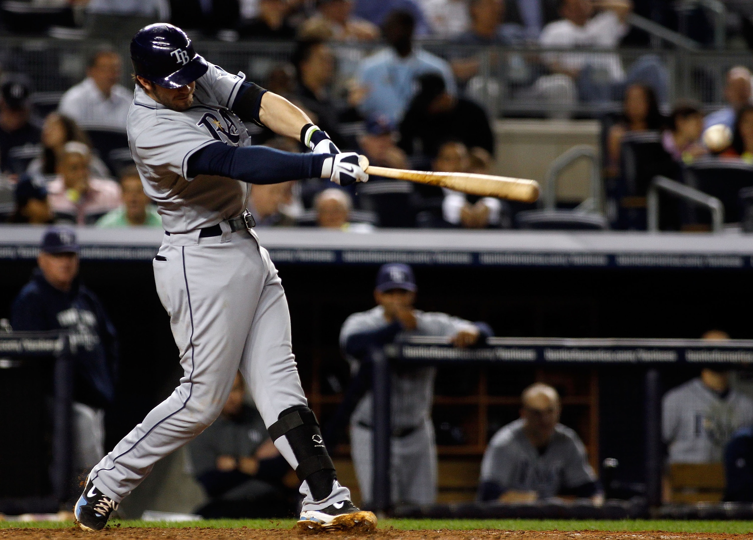 NEW YORK - SEPTEMBER 23:  Evan Longoria #3 of the Tampa Bay Rays hits a double in the sixth-inning against the New York Yankees  on September 23, 2010 at Yankee Stadium in the Bronx borough of New York City.  (Photo by Mike Stobe/Getty Images)
