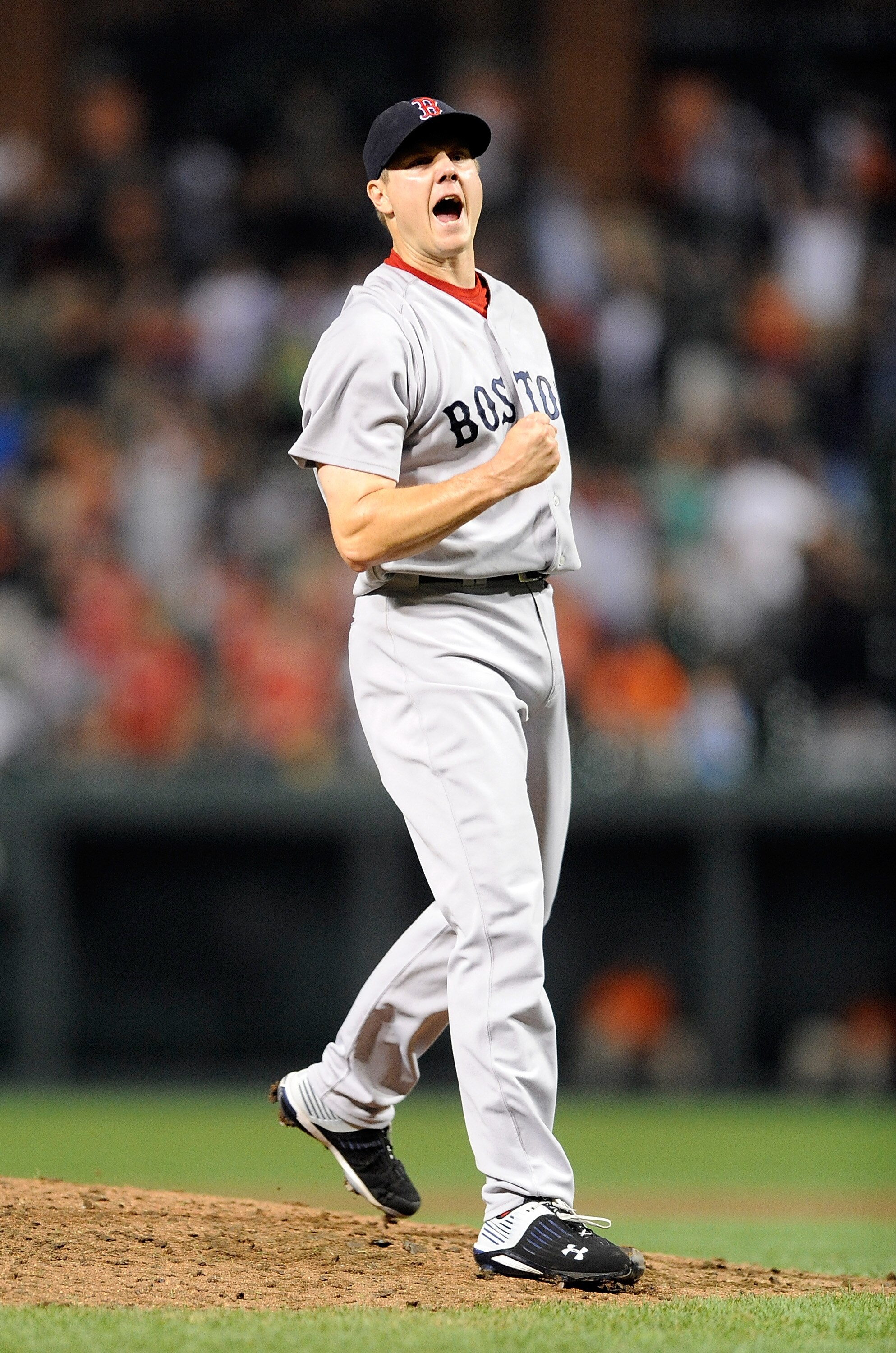 BALTIMORE - SEPTEMBER 02:  Jonathan Papelbon #58 of the Boston Red Sox celebrates after the final out of a 6-4 victory against the Baltimore Orioles at Camden Yards on September 2, 2010 in Baltimore, Maryland.  (Photo by Greg Fiume/Getty Images)