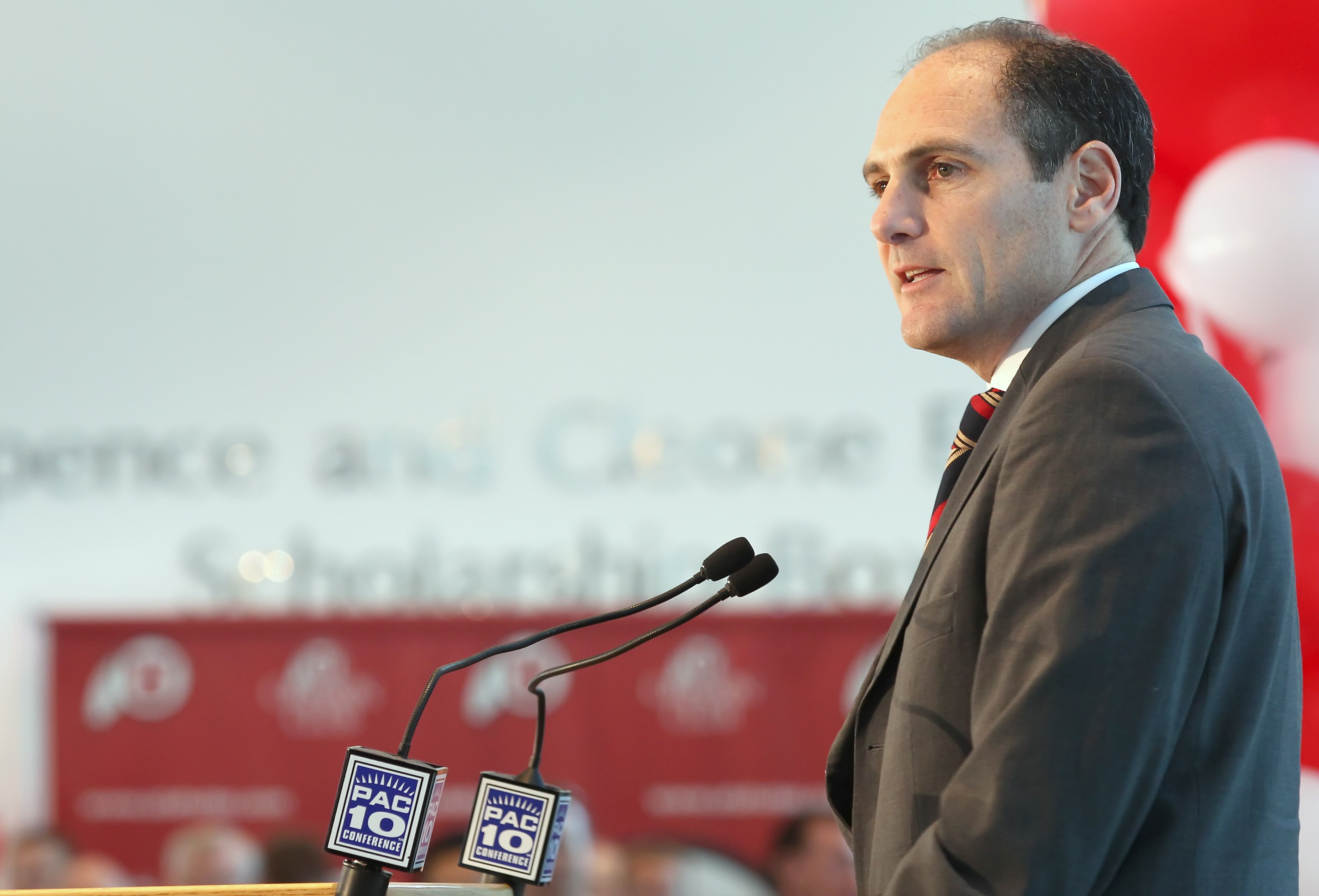 SALT LAKE CITY, UT - JUNE 17: PAC-10 Commissioner Larry Scott talks to the press after admitting the University of Utah into the PAC-10 June 17, 2010 in Salt Lake City, Utah. The University of Utah was invited to join the PAC-10 for the 2011-12 athletic y