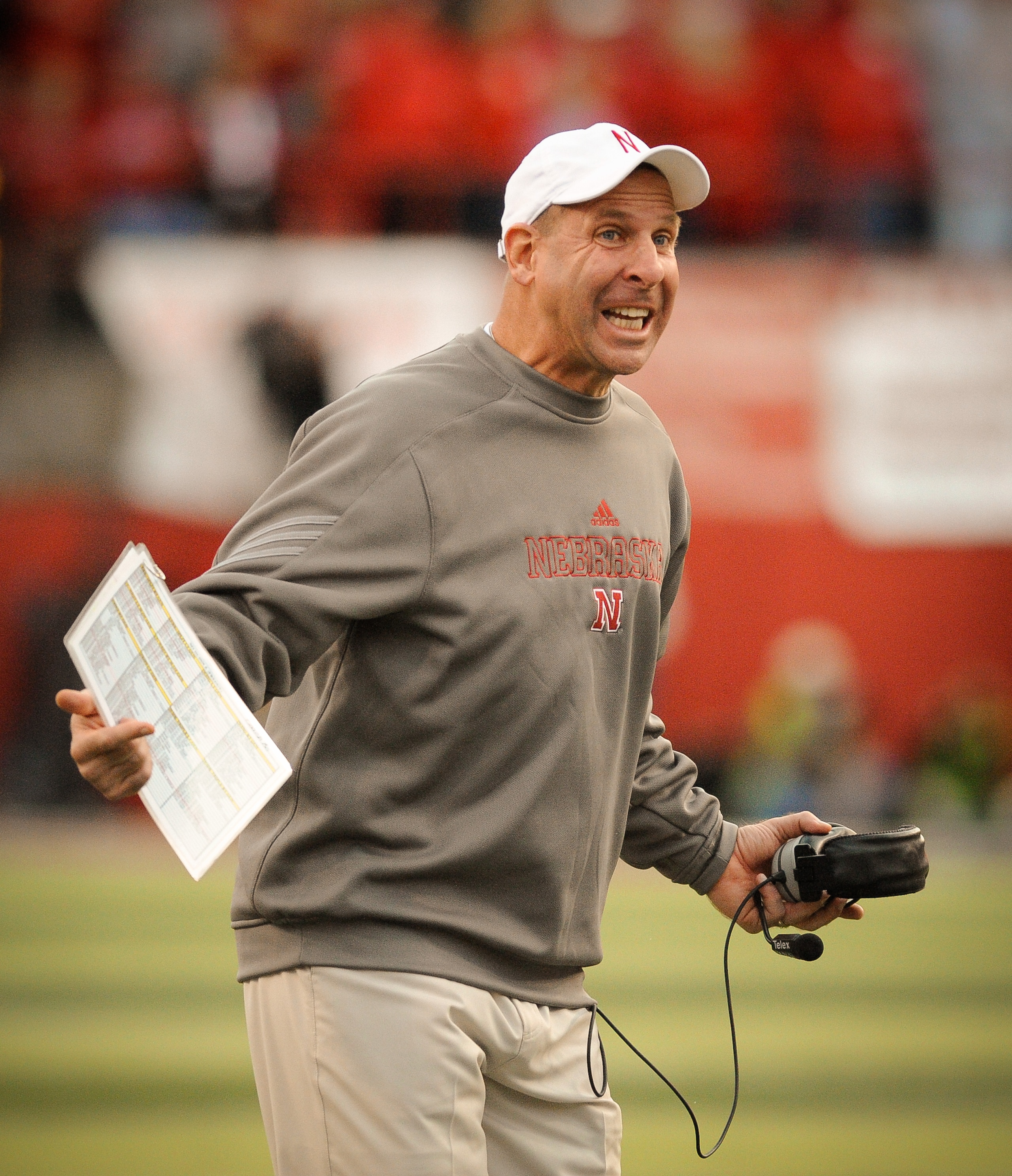 LINCOLN, NE - OCTOBER 30: Coach Bo Pelini of the Nebraska Cornhuskers asks for an explaination of a call during second half action of their game against the Missouri Tigers at Memorial Stadium on October 30, 2010 in Lincoln, Nebraska. Nebraska Defeated Mi