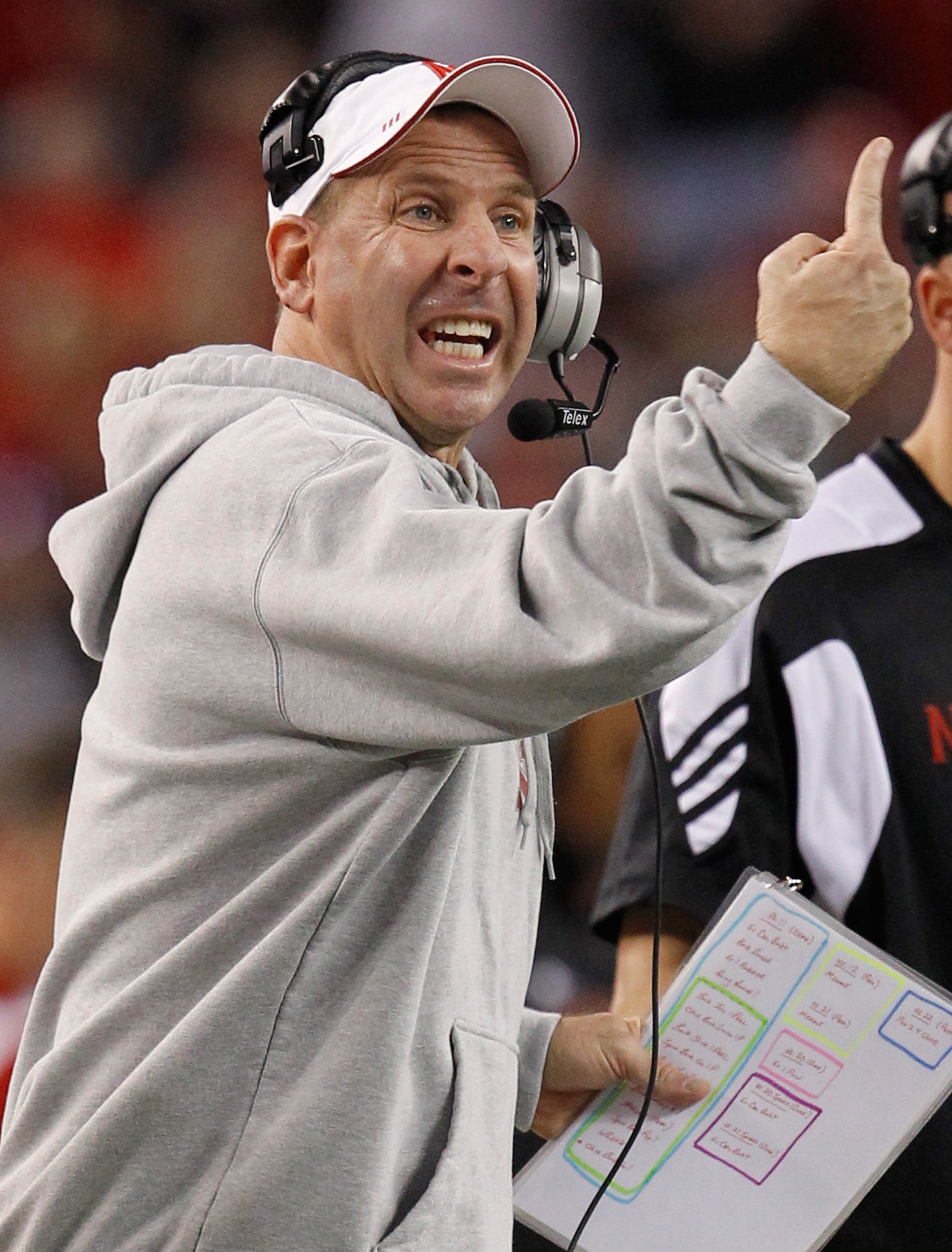 ARLINGTON, TX - DECEMBER 04:  Head coach Bo Pelini of the Nebraska Cornhuskers leads his team against the Oklahoma Sooners at Cowboys Stadium on December 4, 2010 in Arlington, Texas. The Sooners beat the Cornhuskers 23-20.  (Photo by Tom Pennington/Getty 