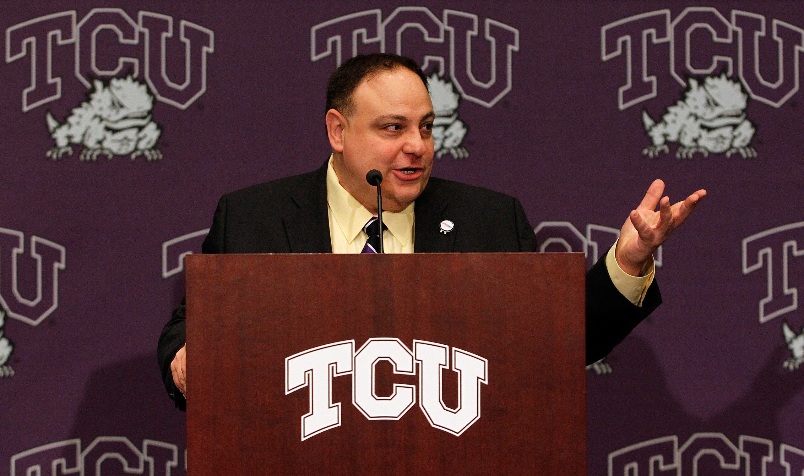 DALLAS - NOVEMBER 29:  John Marinatto, Big East Conference Commissioner, talks with the media after Texas Christian University accepted an invitation for full membership into The Big East Conference on November 29, 2010 in Fort Worth, Texas.  TCU will lea